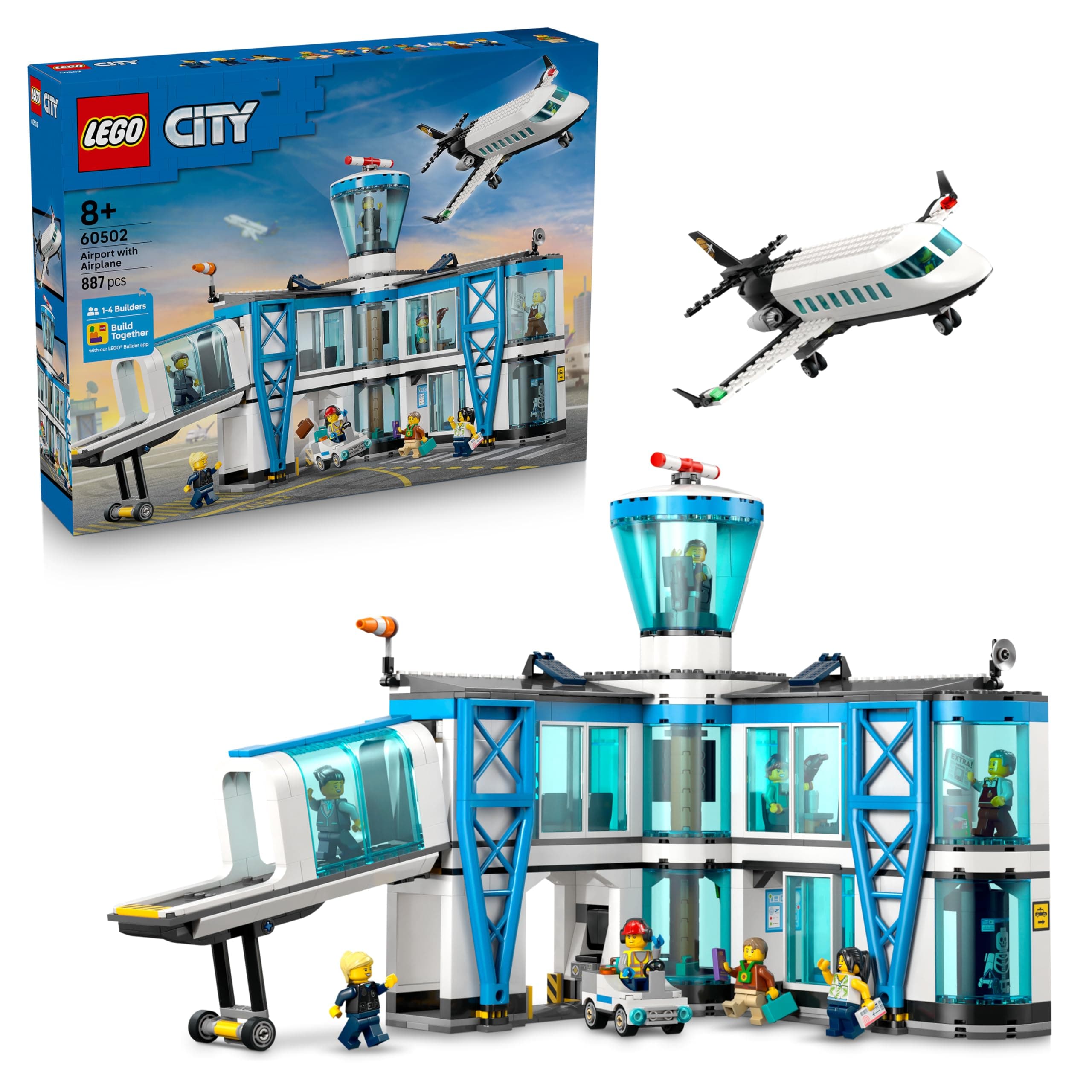 LEGO City L’Aéroport et l’Avion - Maquette Miniature avec Terminal, Avion, Remorqueur, Passerelle, 9 Minifigurines & Accessoires - Idée de Cadeau d'anniversaire pour Garçon dès 8 Ans 60502