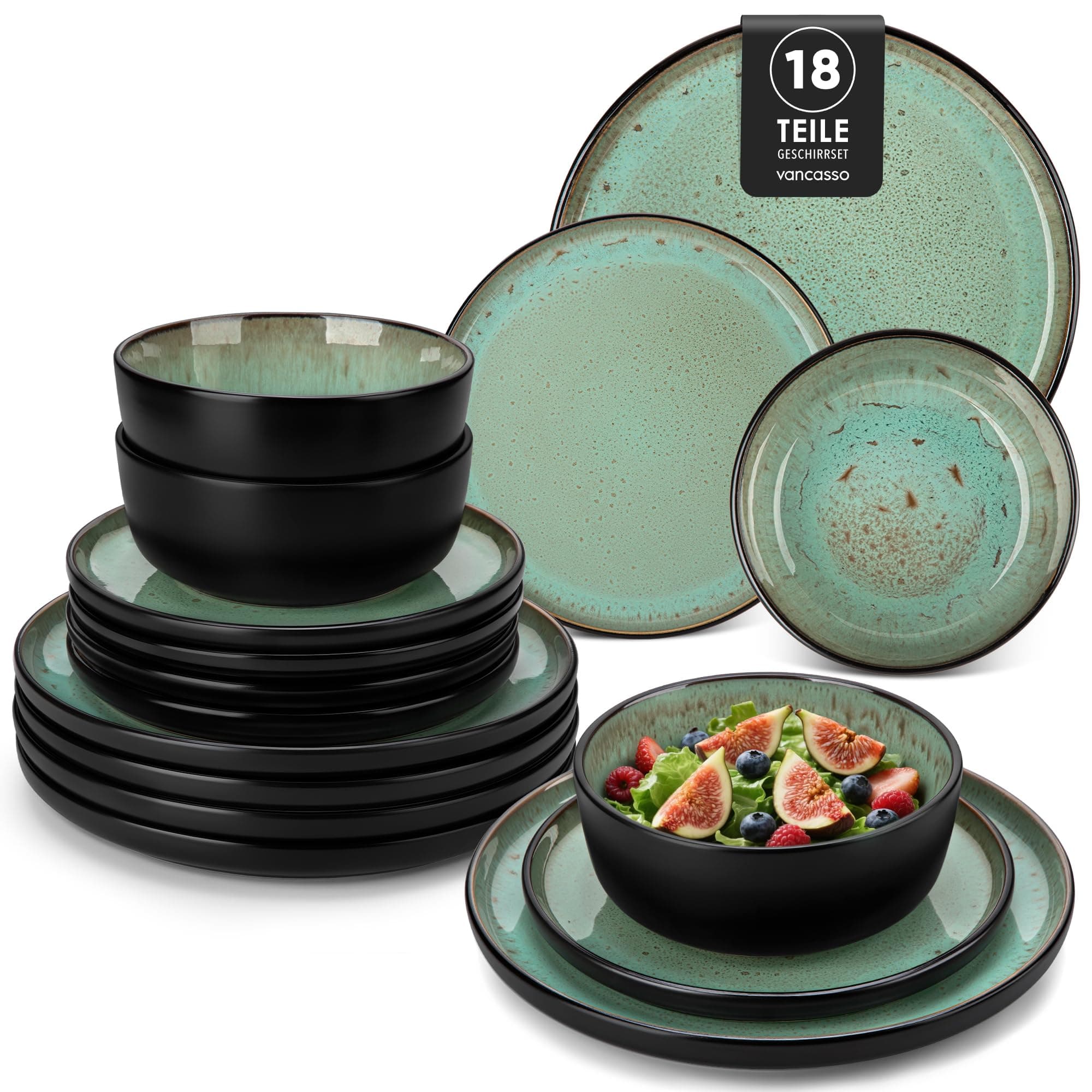 vancasso Serie AMBER Vajillas Completas 6 Personas, Vajilla 18 Piezas de Gres - 6 Platos Llanos, 6 Platos de Postre y 6 Cuencos de Cereales - Apto para Lavavajillas, Esmalte Reactivo Verde