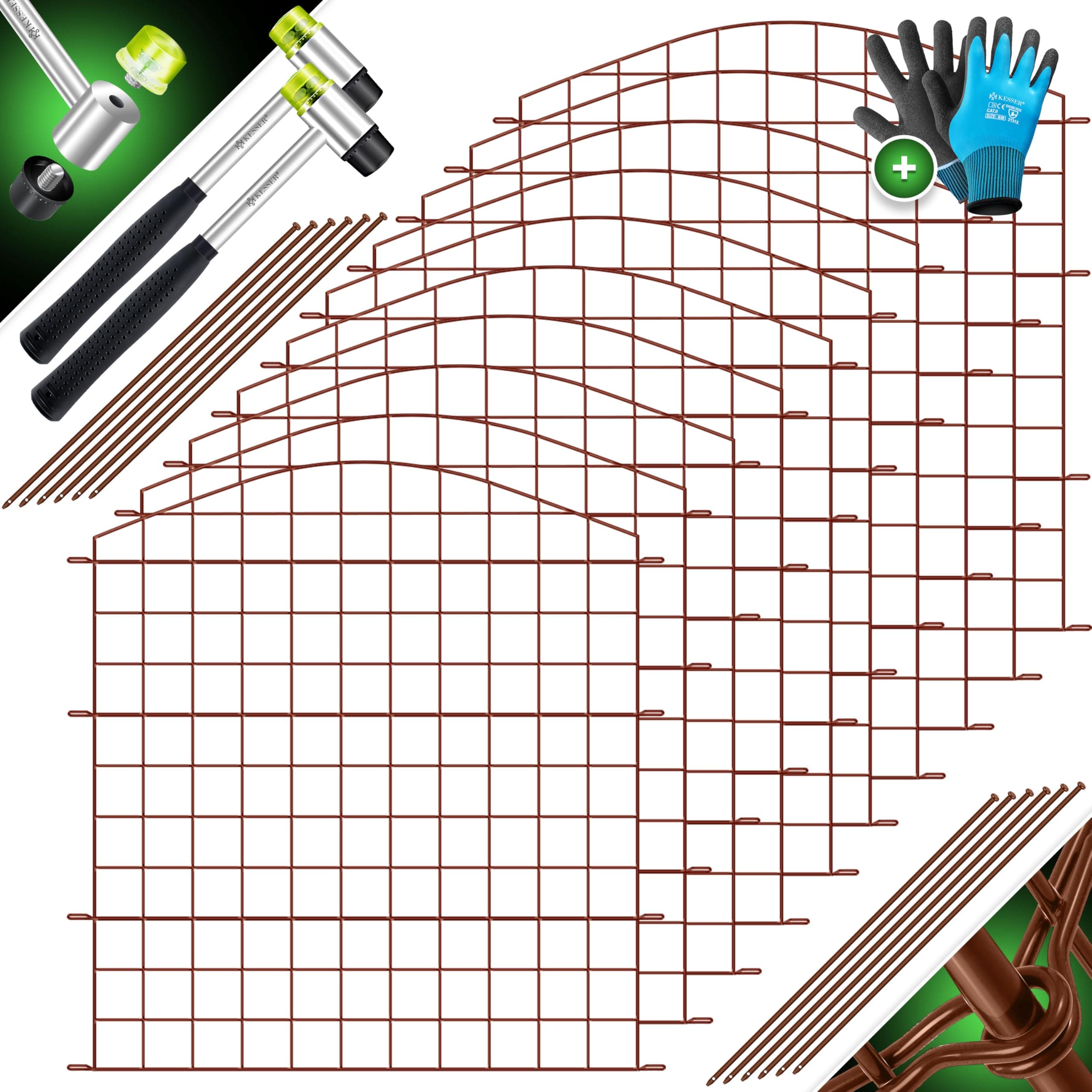 KESSER® Teichzaun Gartenzaun Steckzaun Komplettset Metall 10x Oberbogen Rund Inkl. Handschuhe, 2x Hammer + 12 Befestigungsstäben, Zaun zum stecken für Garten, Gitterzaun Set Freigehege für Tiere