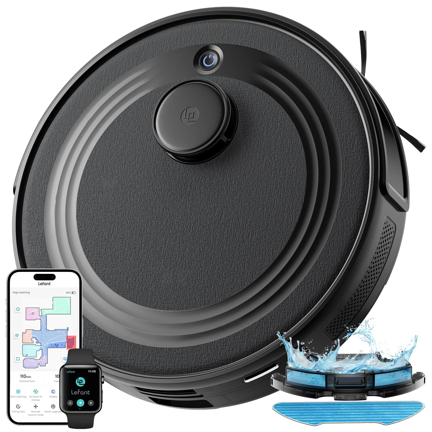 Lefant M2 Robot Aspirapolvere Lavapavimenti con Mappatura Laser dToF 2 in 1, 6000Pa, Navigazione Intelligente PSD Anti-Ostacoli, 160 Min,Controllo APP/Alexa, Ideale per Peli Animali，Nero