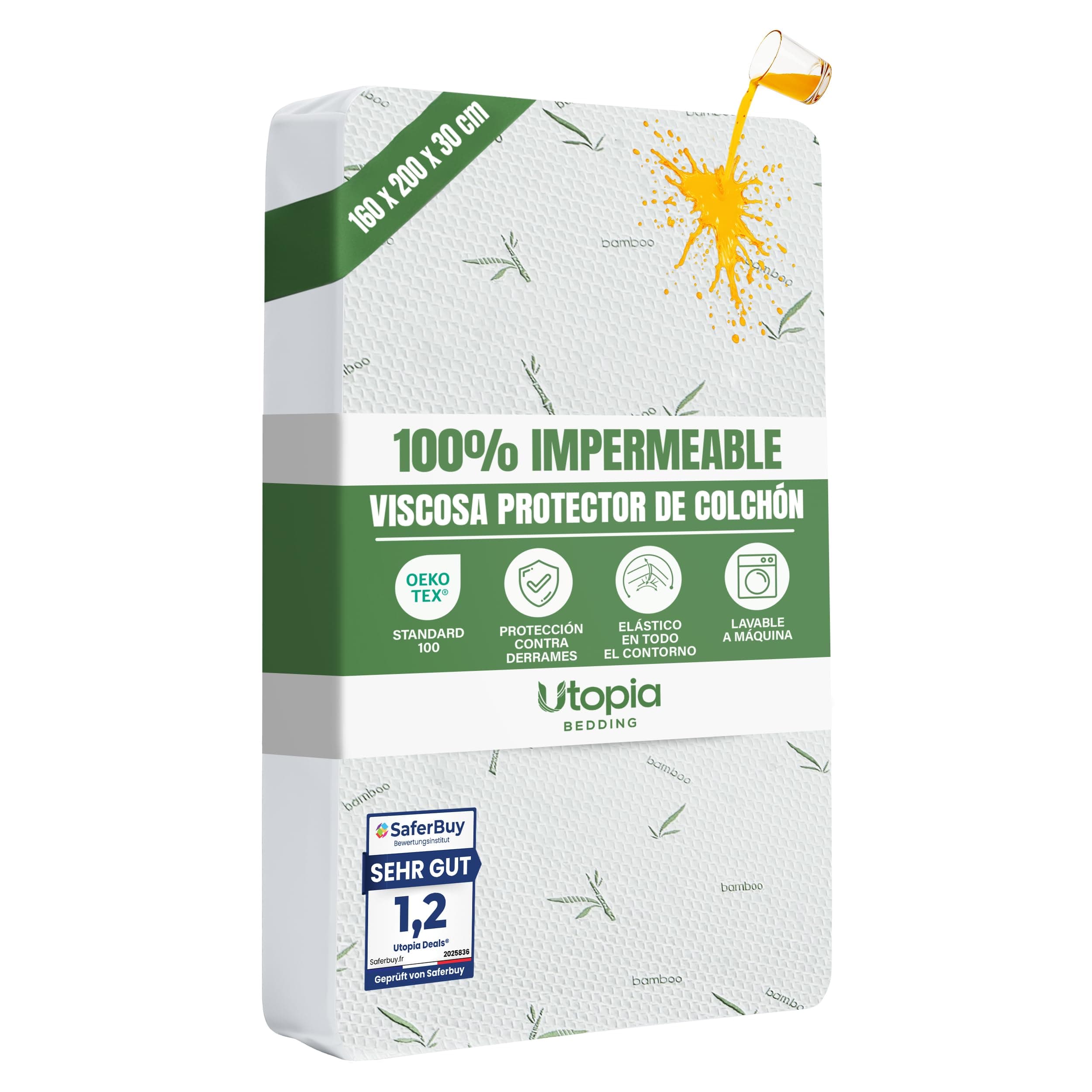 Utopia Bedding Protector de Colchón 160 x 200 x 30 cm Impermeable, Viscosa Premium, Certificación Oeko-Tex, Cubre Colchón Transpirable, Elástico En Todo
