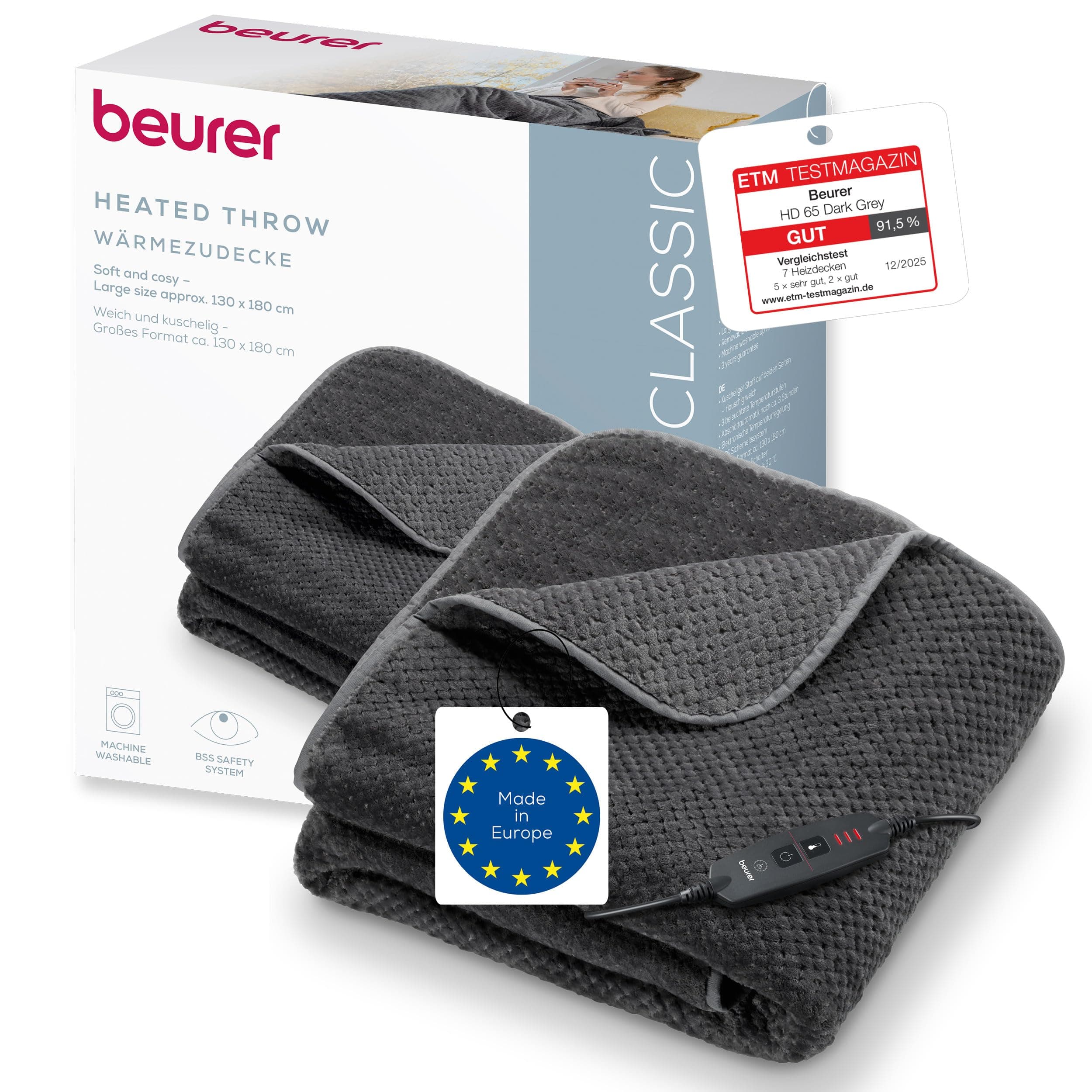 Beurer HD 65 Heizdecke, leichte Wärmedecke aus weichem Material mit 3 Temperaturstufen, Heizdecke mit Abschaltautomatik und Sicherheitssystem, maschinenwaschbar bei 30 °C, Made in Europe, grau