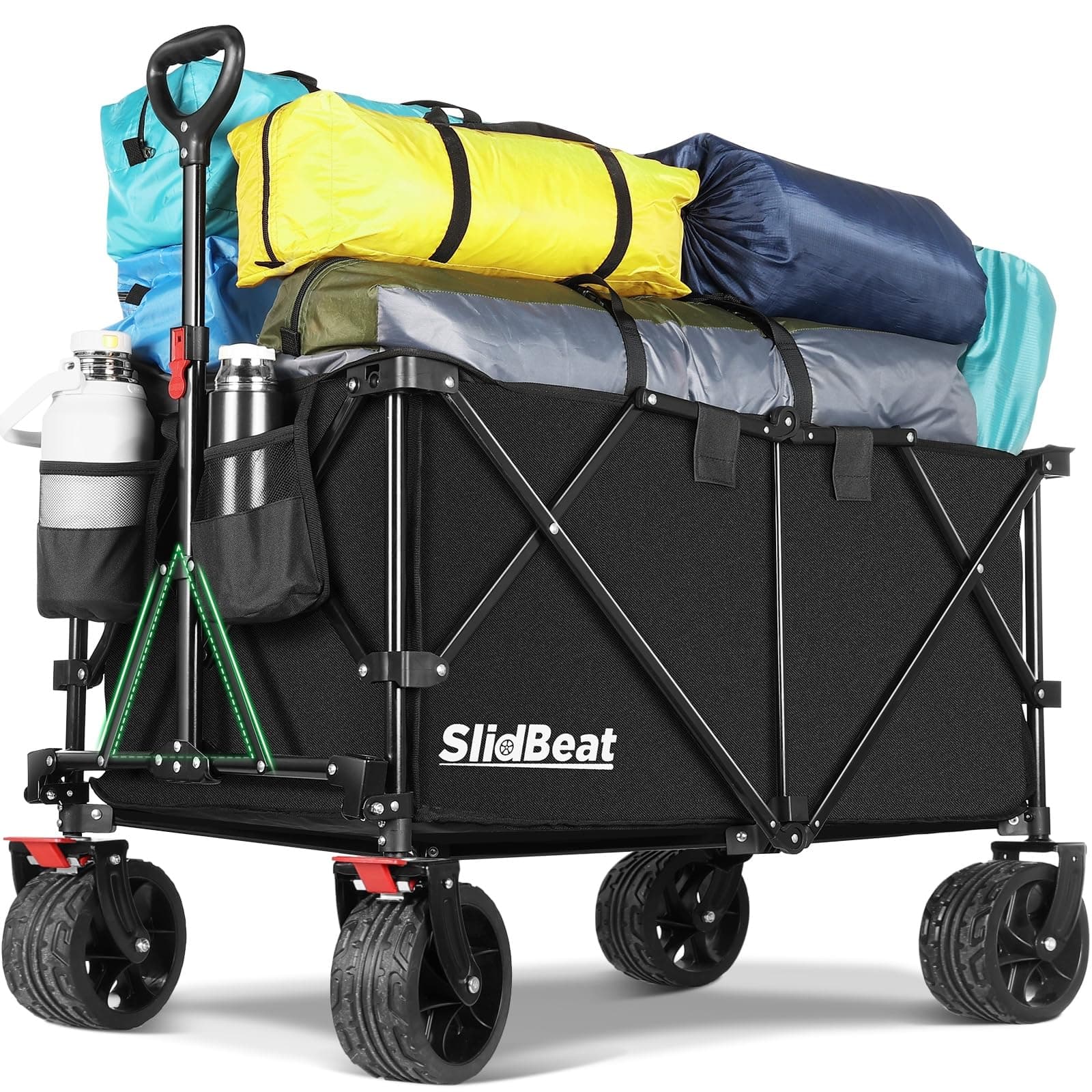 SLIDBEAT Chariot Tout Terrain Pliable - 226kg Capacité 300L, Roues XXL 18cm, Chariot Plage avec Freins, Structure Triangulaire Renforcée, Toile 600D Imperméable - Pour Plage, Camping, Peche, Transport