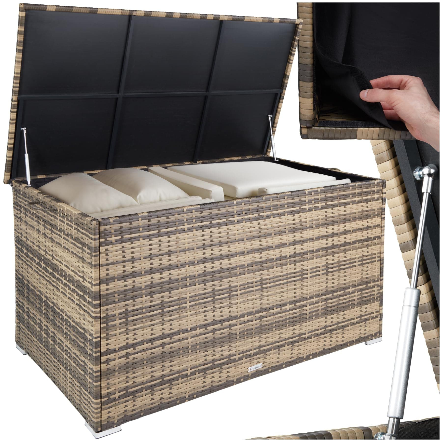 tectake® Aluminium Polyrattan Aufbewahrungsbox mit Deckel, 750L, Gartenkiste wetterfest, Gartenbox mit Gasdruckfedern, Garten Auflagenbox, UV-beständig, rostfrei, Stauraum, 145x82,5x79,5 cm - natur
