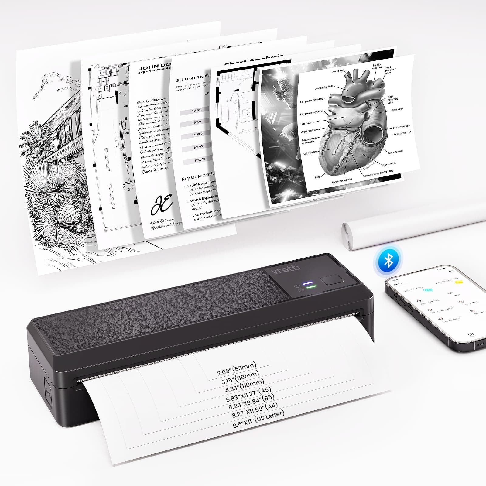 vretti Impresora Portátil A4 Impresora Térmica Portátil A4 para Viaje Conexión Bluetooth para Smartphones Compatible con Android/iOS, Impresora de Viaje para el Hogar Aprendizaje