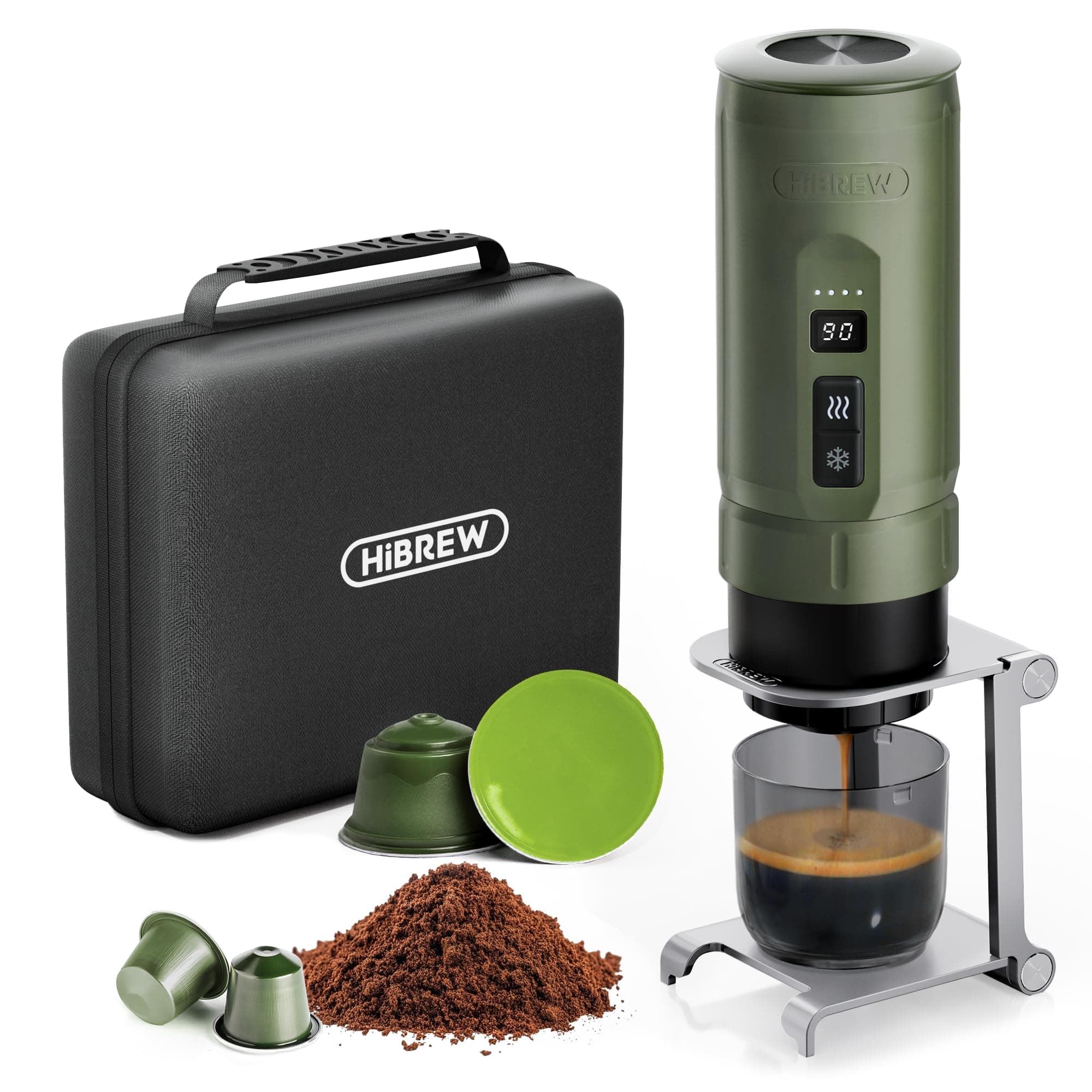 HIBREW H4C Explorer – Cafetière Espresso Électrique Portable, Machine à Café Rechargeable USB-C pour Camping et Voyages, Compacte pour Capsules et Café Moulu, avec Support Pliable et Étui de Transport