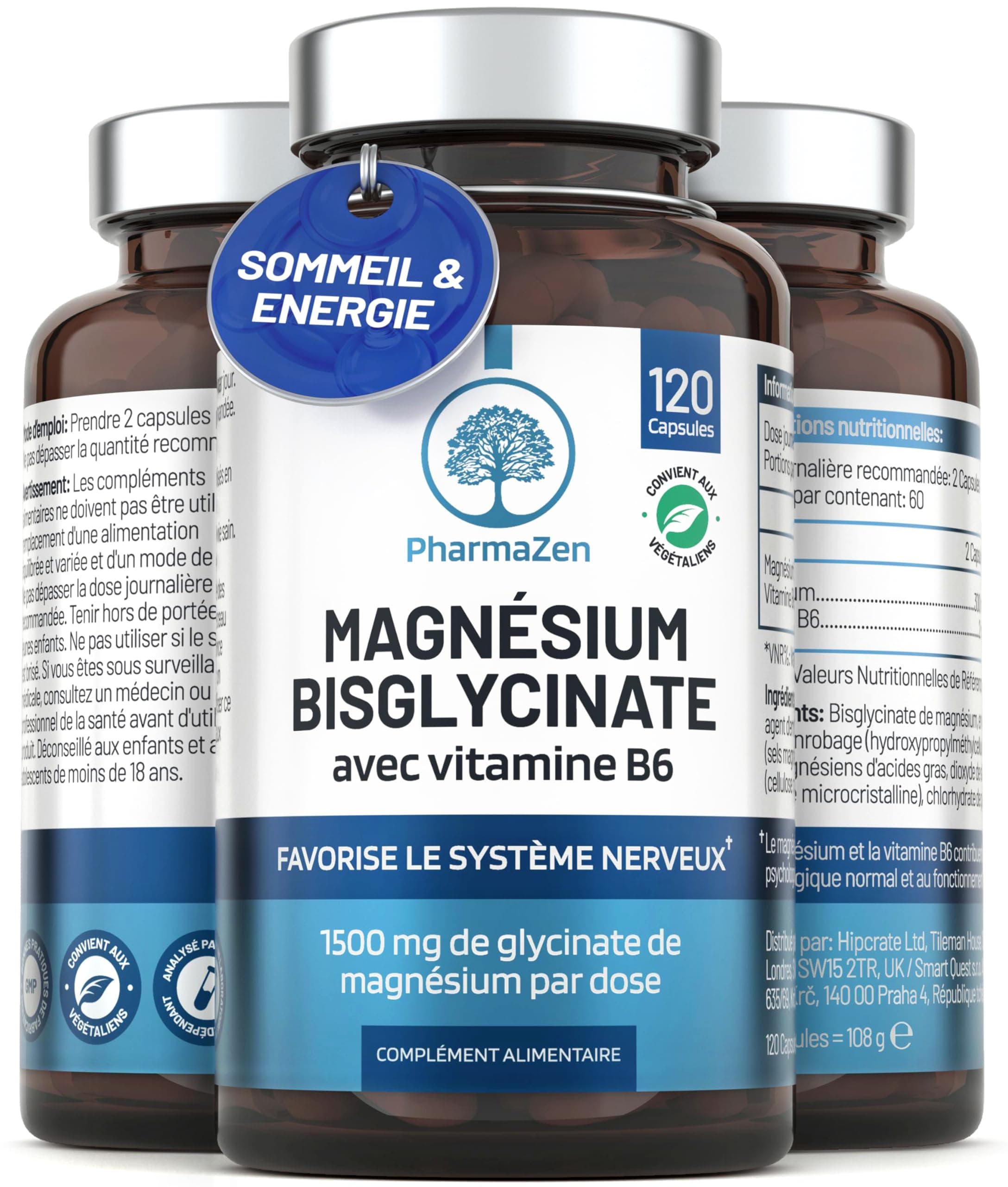 Magnésium Bisglycinate 300 mg + Vitamine B6 - Sommeil, Stress, Fatigue - Absorption Maximale - 120 Gélules Vegan - Magnesium Glycinate Haute Teneur - PharmaZen