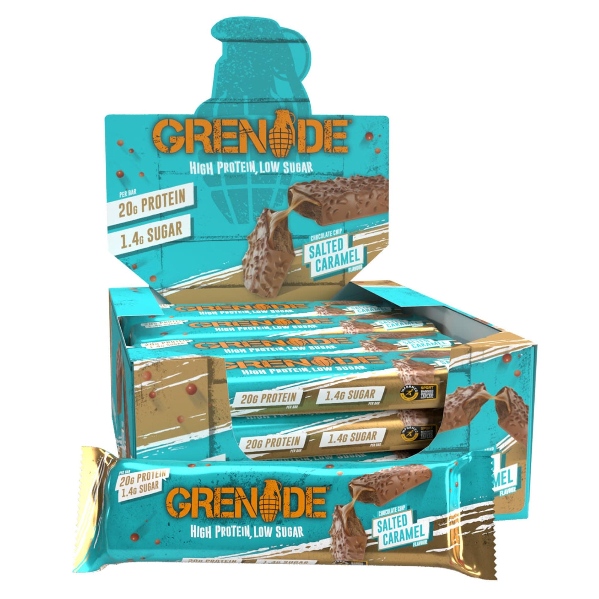 Grenade Barre Hyperprotéinée à Faible Teneur en Glucides - Chocolate Chip Salted Caramel, 12 x 60 g