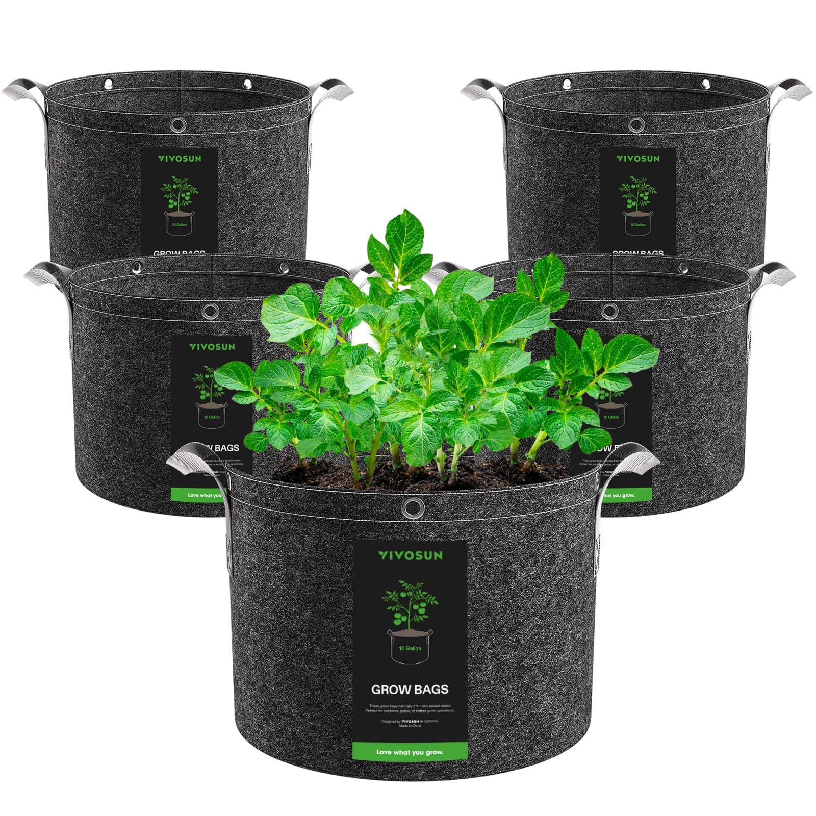 VIVOSUN Pflanzsack 5er-Pack 40 L, Stofftopf aus Vliesstoff mit 500 g/m² Stärke, mit Tragegriffen und Mehrzweckringen, Ideal für LST, Obst, Gemüse und Blumen