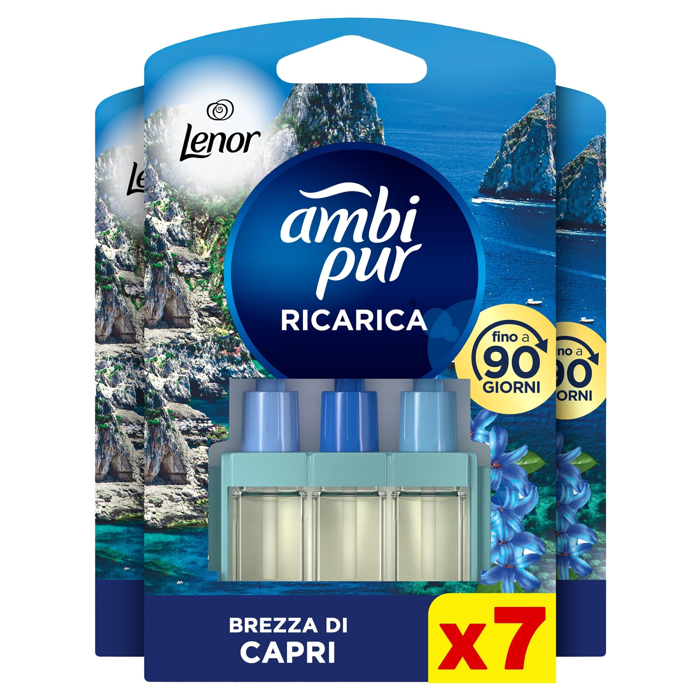 Ambi Pur 3Volution Profumatore per Ambienti, 7 Ricariche per Diffurore Elettrico, Fragranza Lenor Brezza di Capri, Tecnologia Elimina Odori, Fino a 90 Giorni di Profumo per Ricarica