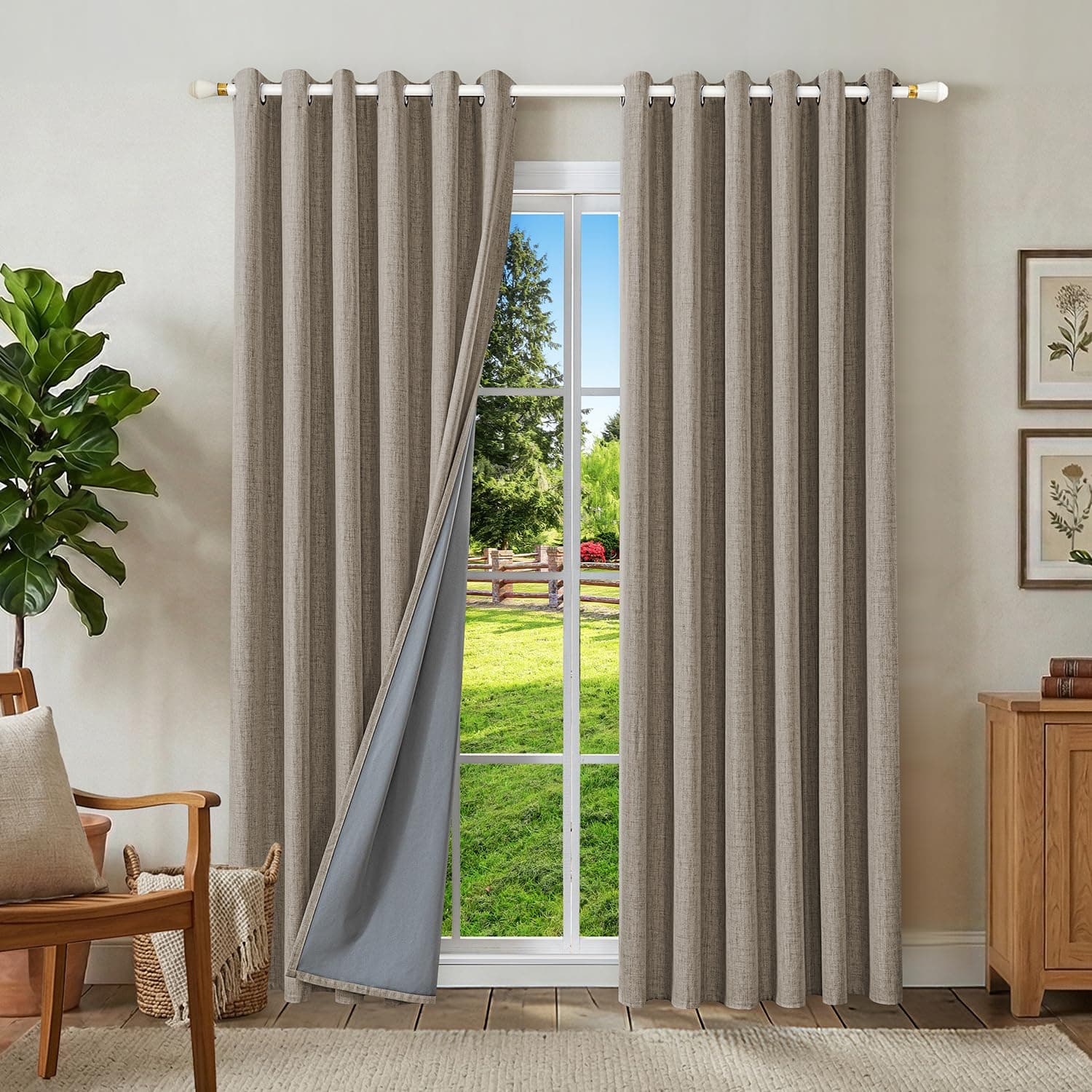 Runyéla 100% Rideau Occultant Thermique Isolant Anti Chaleur 200x245, Lot de 2 Lin Rideaux Fenêtre Opaques à Oeillets Anti Froid UV Bruit, Intérieurs Decoration Dressing Salon Chambre