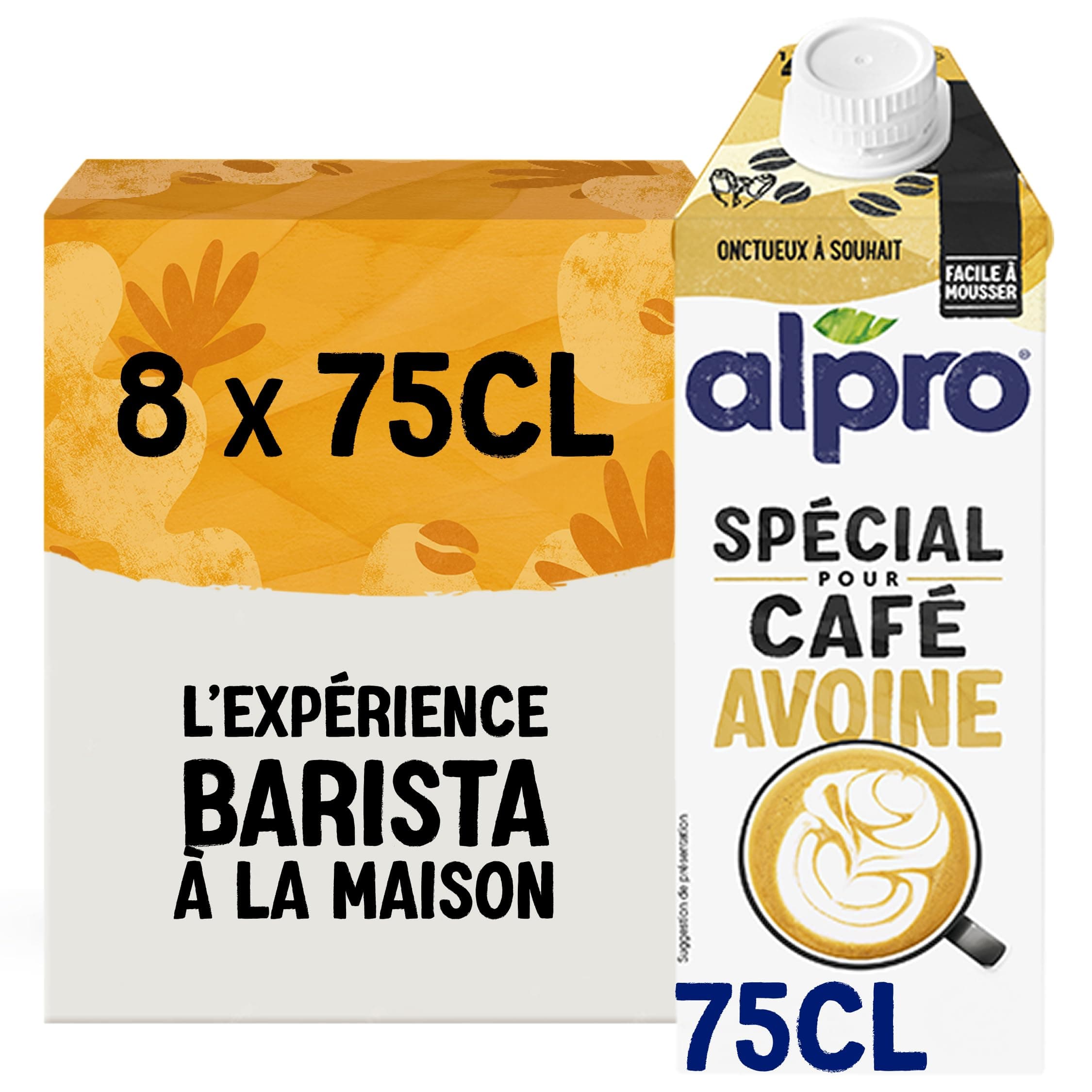 Alpro Spécial pour Café Avoine, Boisson Végétale Avoine Barista, Facile à Mousser, Naturellement Sans Lactose, Sans Sucres Ajoutés, Source de Fibres & Vitamines B2 & D2, 8x750 mL