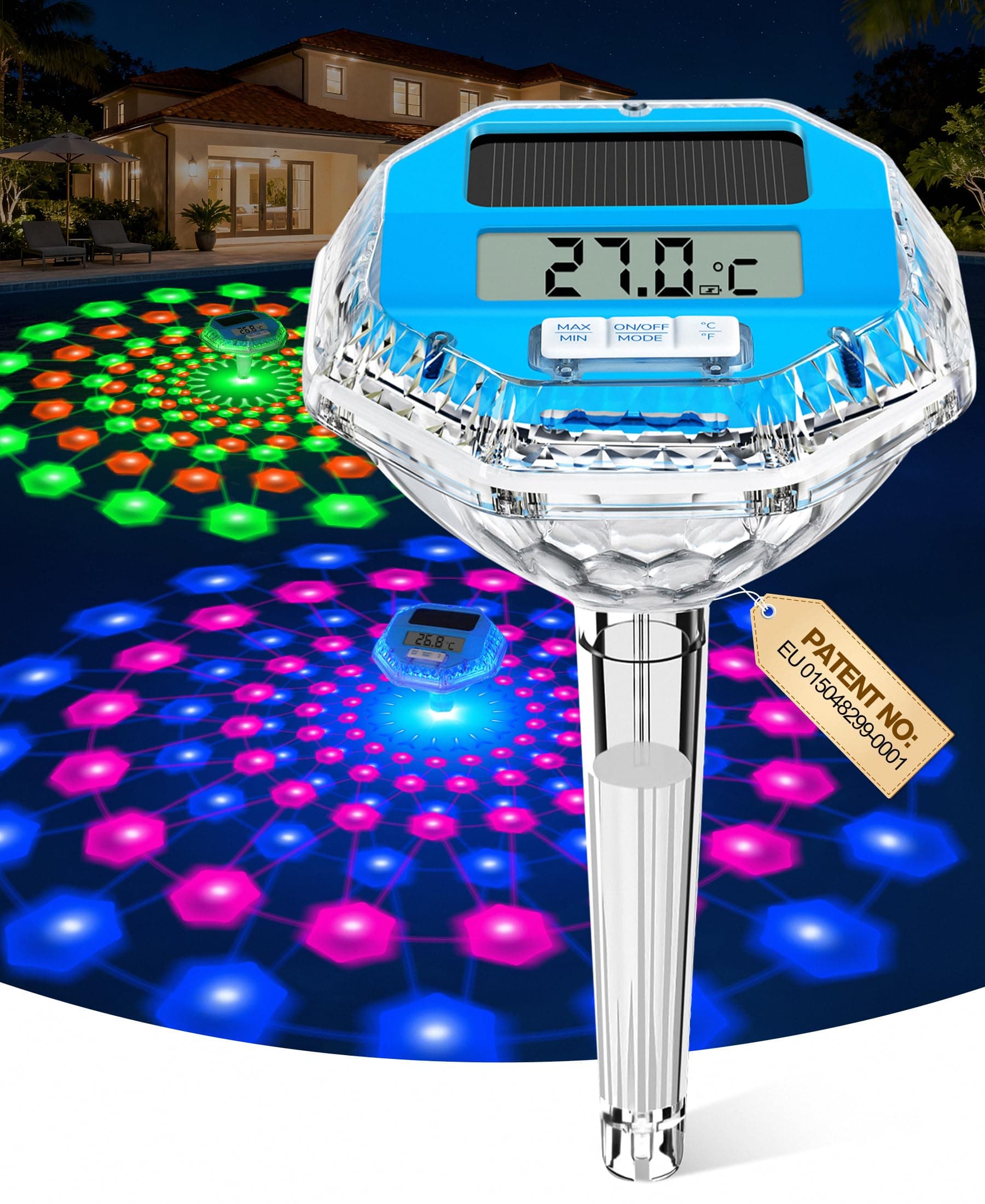 LanBlu Thermometre Piscine Flottante avec Lumière, Thermomètre de Piscines Solaire Facile à Lire la Nuit, Thermometre pour Piscine Numérique à Grand Écran LCD, Thermomètre Piscines pour Bassin Spa