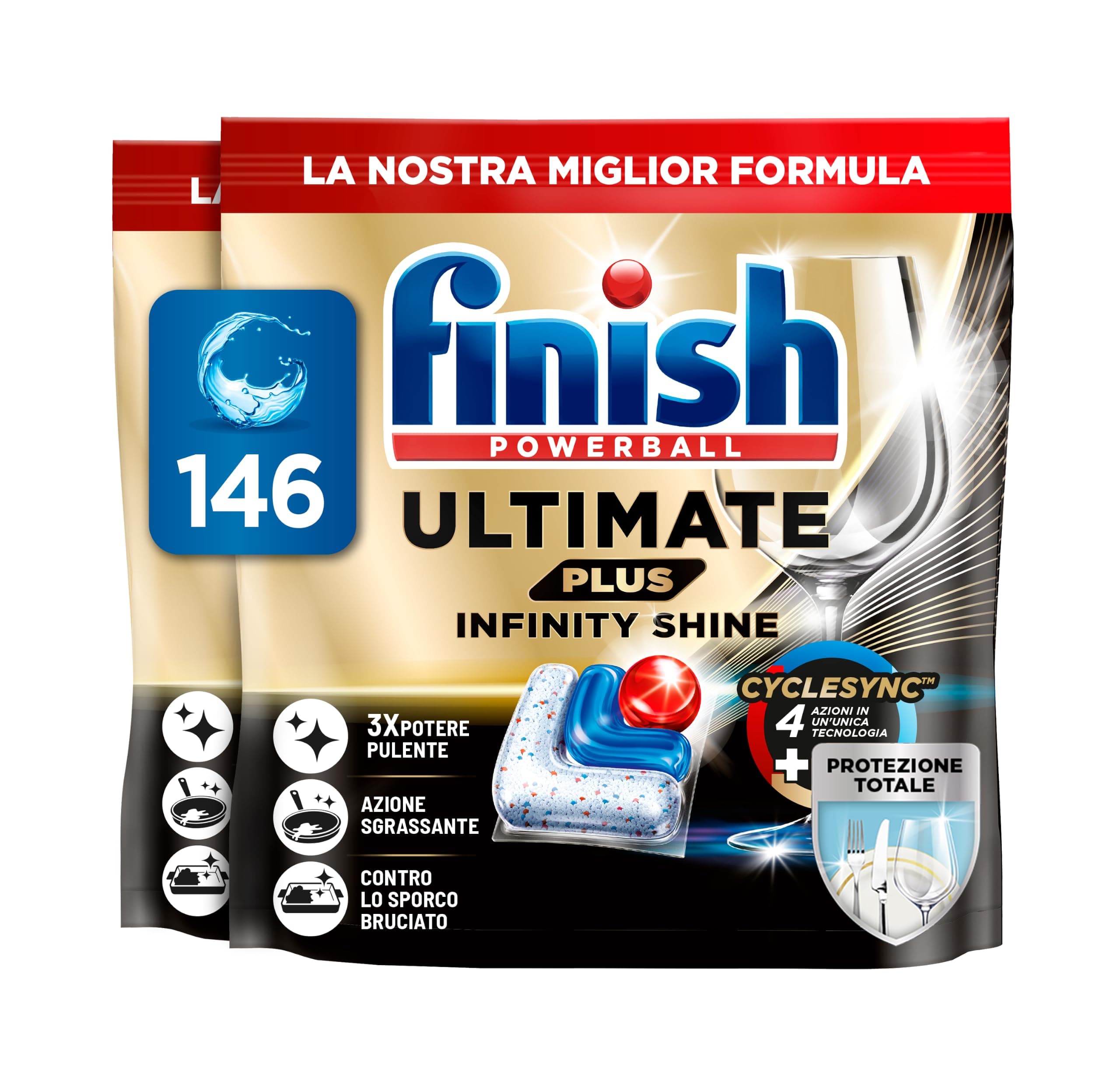 Finish Ultimate PLUS Infinity Shine Pastiglie Lavastoviglie, 146 Capsule Lavastoviglie, Pastiglie per Lavastoviglie contro lo Sporco e i Residui Incrostati