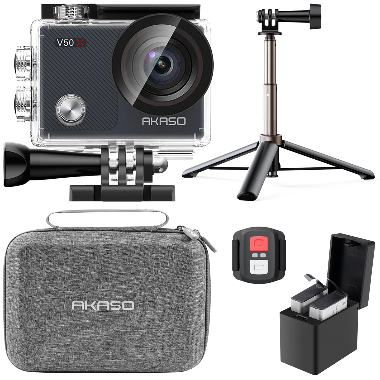 AKASO Pack de Creador V50 X Cámara Deportiva 4K WiFi 20MP, Bolsa de Almacenamiento para Cámara de Acción, Camara Acuatica Sumergible con 60CM Palo Selfie, 2 Baterías
