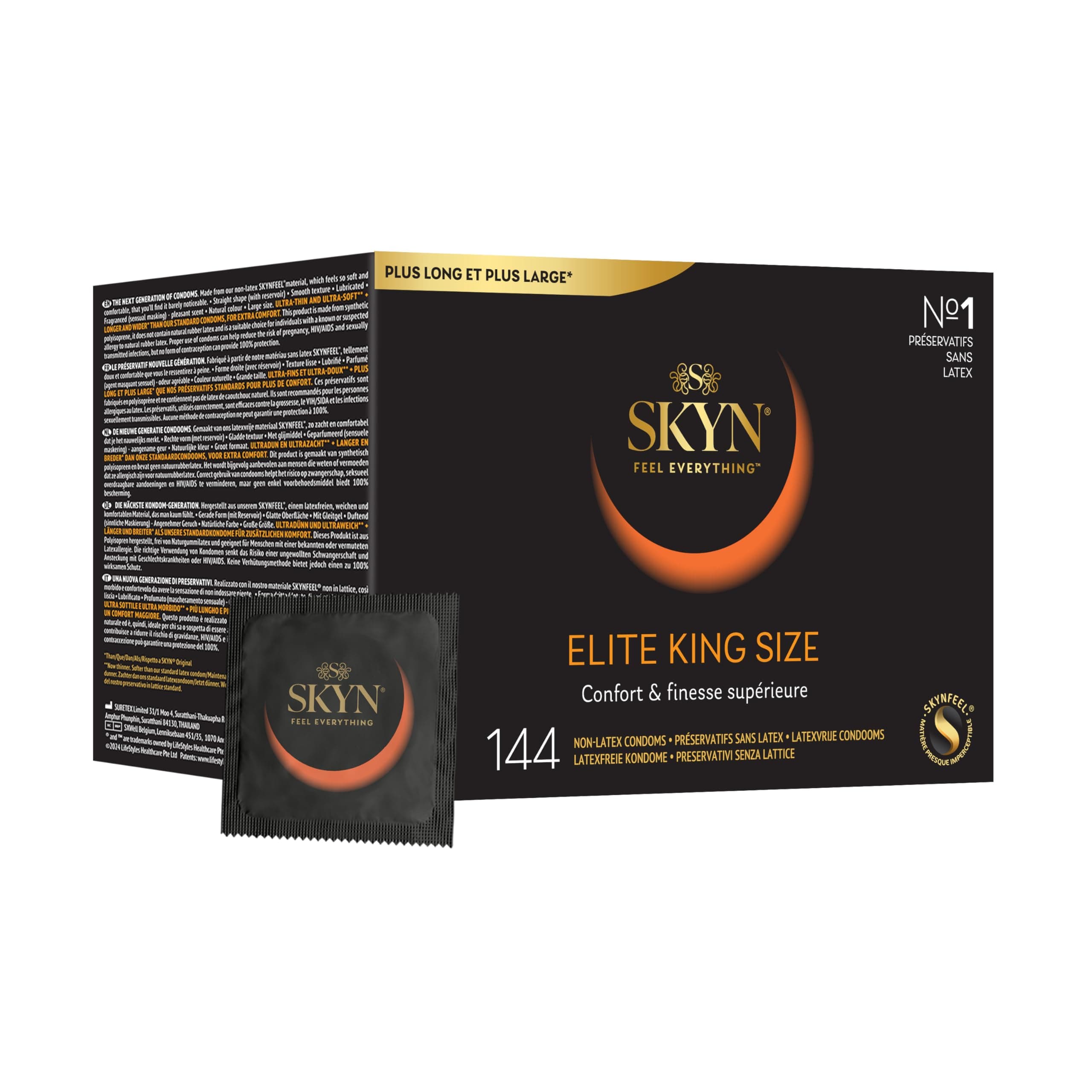 SKYN Elite King Size : Lot de 144 Préservatifs Extra large et ultra fins, sans latex SKYNFEEL pour Homme/Fins, Lisses, Forme Droite/Largeur Nominale 56mm
