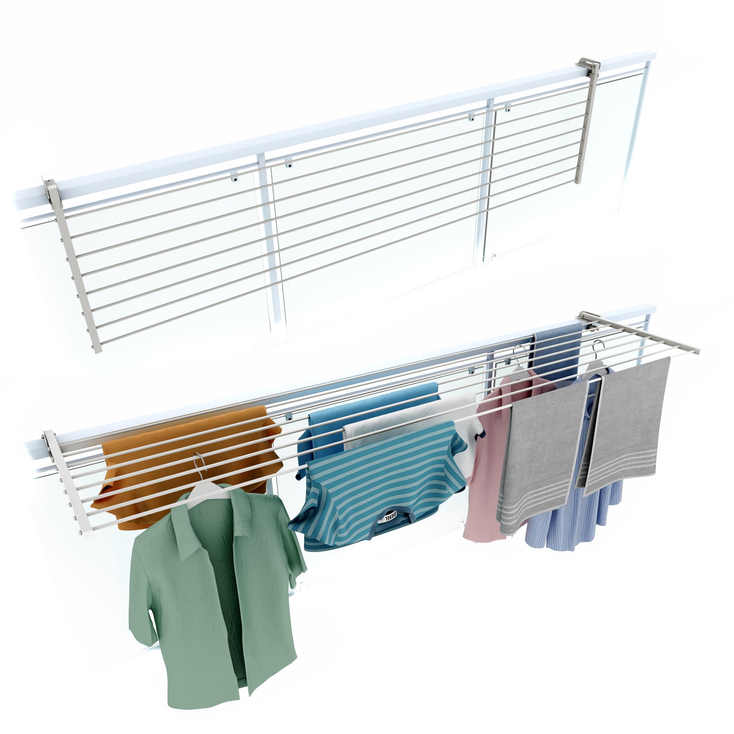 foxydry Stendino da Balcone Ribaltabile, Stendibiancheria da Ringhiera Esterno Resistente in Acciaio inox e alluminio Duo, per terrazzi, balconi e ringhiere - Lunghezza 202 cm (Bianco, 202 cm)