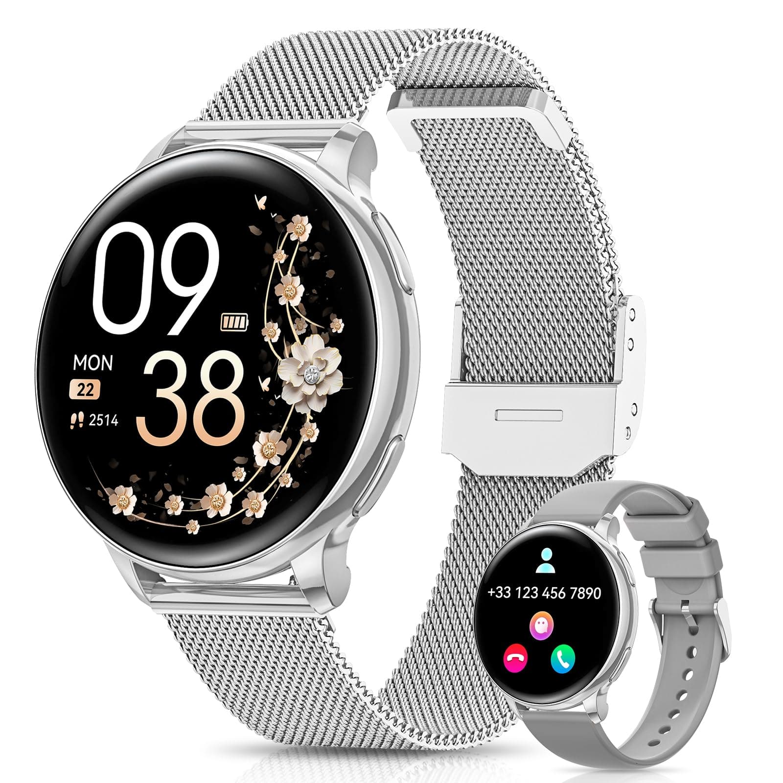 AIMIUVEI Smartwatch Donna, 1,27” HD Orologio Smartwatch con Chiamate, Fisiologia Femminile, 120+ Sport, 24H Cardiofrequenzimetro SpO2, Sonno, Passi, IP68 Smart Watch Fitness Android iOS Argento