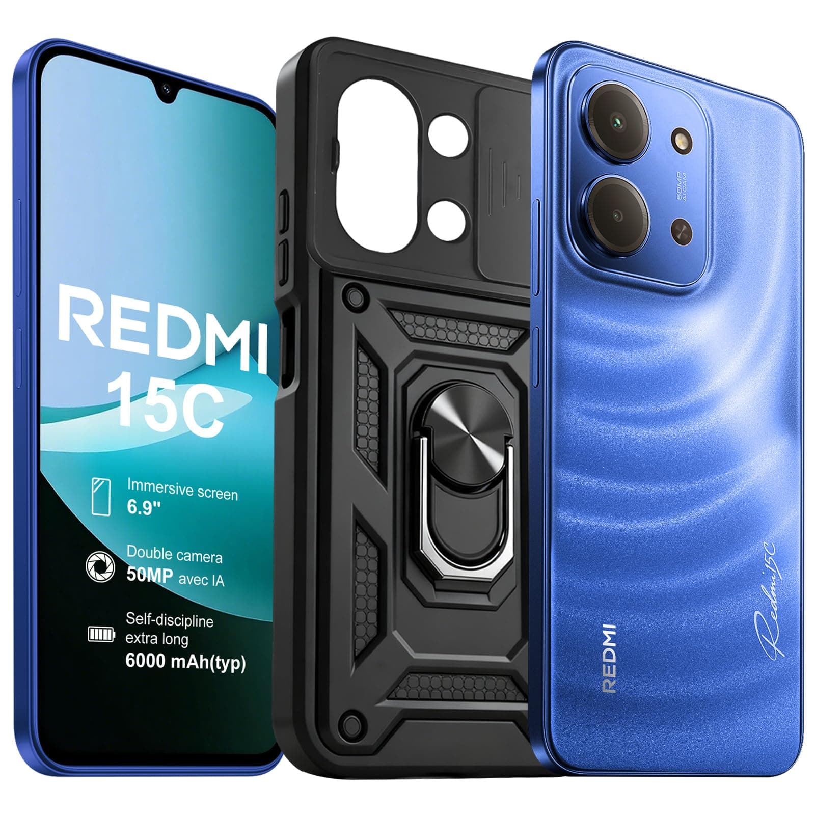 XIAOMI Redmi 15C 4+128GB Smartphone, Display 6.9" HD+ 120Hz, Batteria 6000mAh, Processore Octa-Core, Fotocamera 50MP, HyperOS 2, Blu, Include Custodia Protettiva