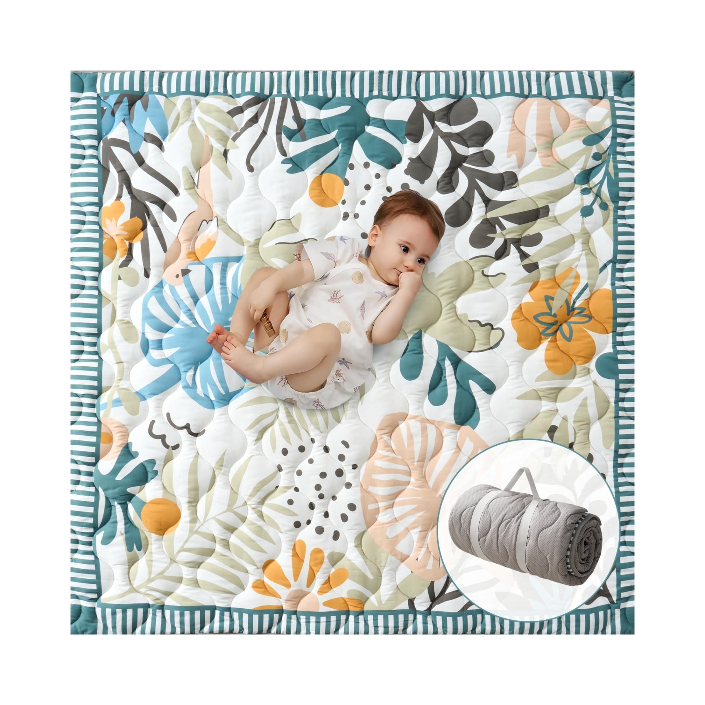 Momcozy Spielmatte Baby für den Boden, 127x127 cm verdickte Krabbeldecke, Spielunterlage für Baby Bauchzeit, wasserabweisend & rutschfest, Spielmatte Baby faltbar Outdoor mit Tragegriff, Wald