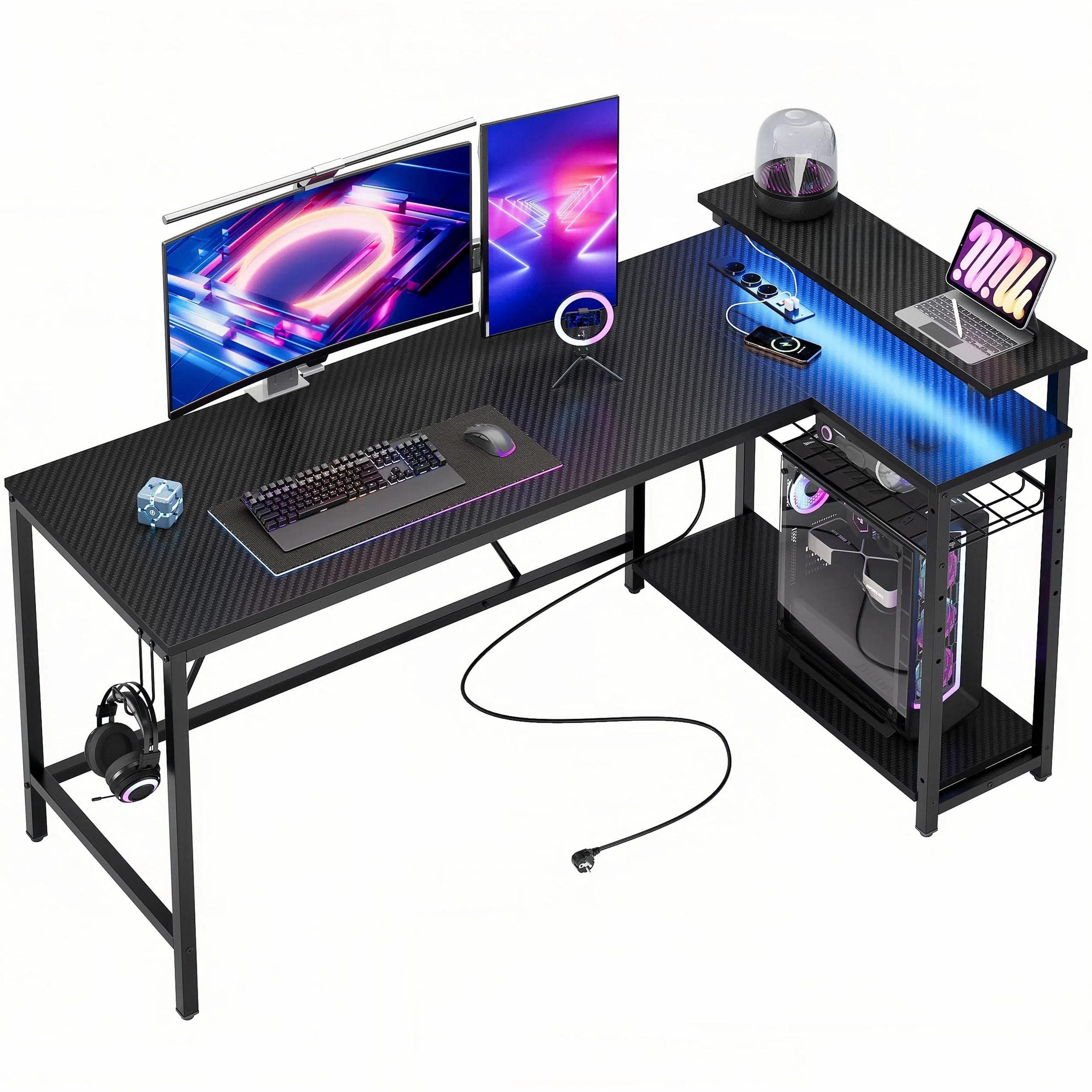 Bestier Escritorio para juego en forma de L de 147 cm con luces LED y tomas de corriente, escritorio esquinero reversible para oficina en casa con estantes,estación de trabajo para PC más grande,negro