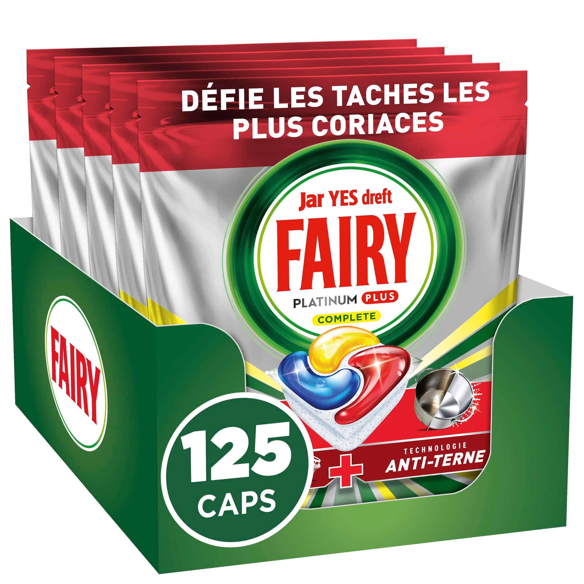 Fairy Platinum Plus Tablettes Lave-Vaisselle, Format Familial 125 doses 25x5, Parfum Citron, Technologie Anti-Terne, Redonne de l'Éclat, Prévient le Calcaire, Prélavage Intégré, Efficacité Cycle Court