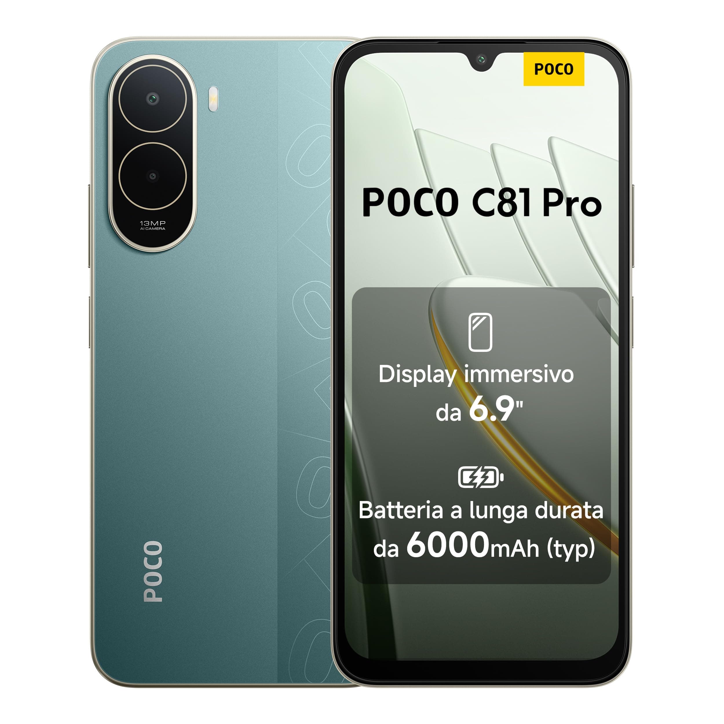 POCO C81 Pro, Smartphone 4+128GB, Verde, Batteria da 6000mAh(typ) | Refresh rate 120Hz, Fotocamera AI doppia da 13MP, Design elegante e raffinato, Garanzia 2 anni+1 anno extra