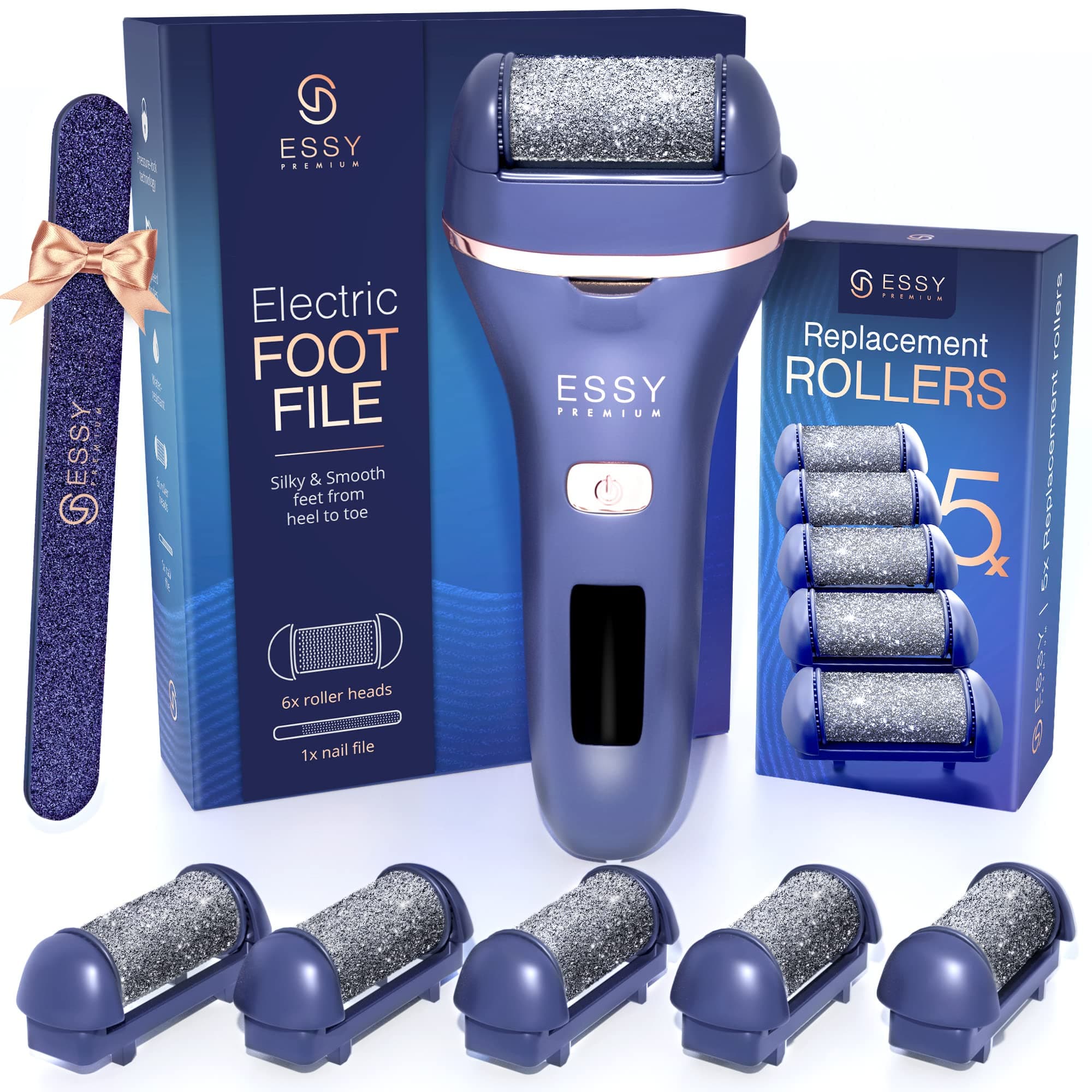Essy Levigatore Elettrico per Piedi con 5 Rulli di Ricambio, Lima Ricaricabile per Rimozione Calli, 2 Velocità, Display LED, Ricarica USB, Kit Pedicure (Marina)