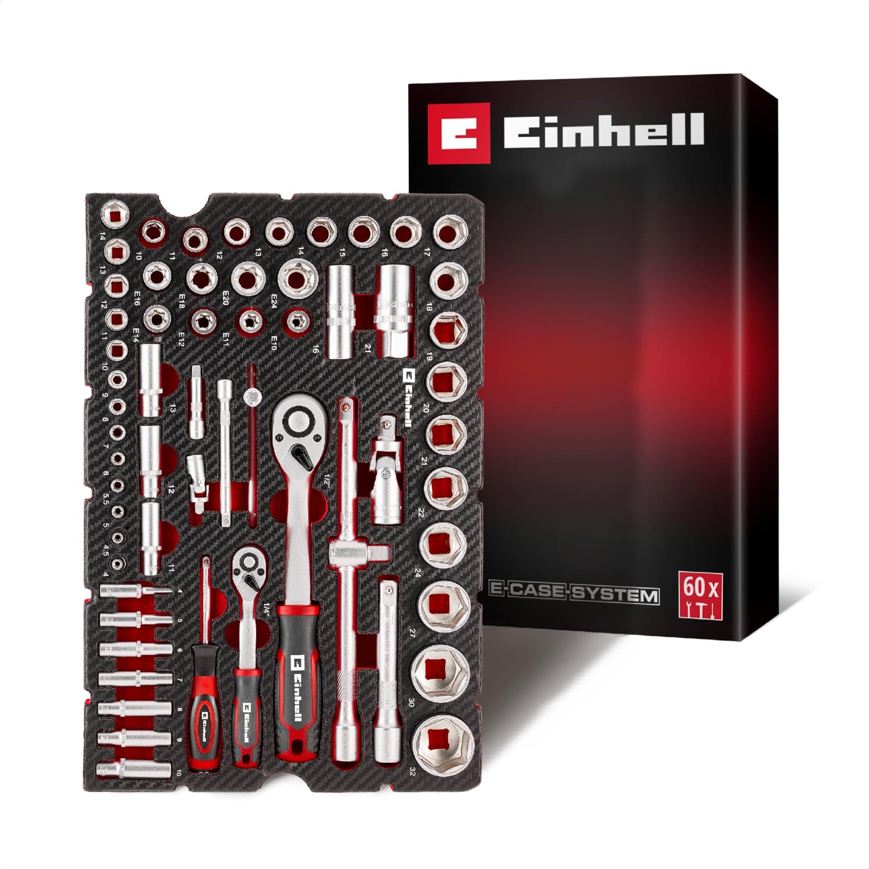 Original Einhell E-Case Pad 60-tlg. Stecknüsse und Ratschen (Umschaltknarren, Zündkerzeneinsätze, Stecknüsse, Stecknuss-Verlängerungen, Kardangelenke, E-Case-System)