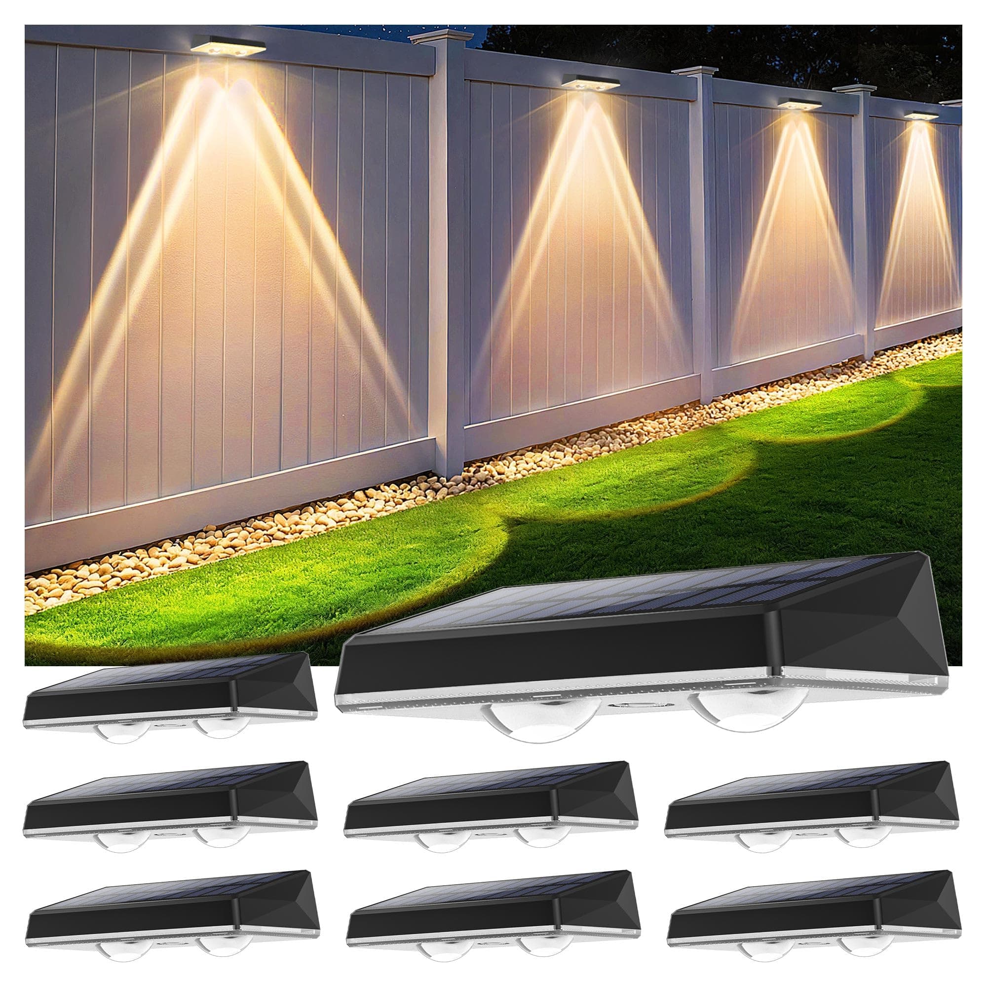 Delaiglow Apliques solares exterior impermeable IP67, 8 unidades de luz solar, color blanco con 3 modos, lámpara solar exterior potente para patio, jardín y valla