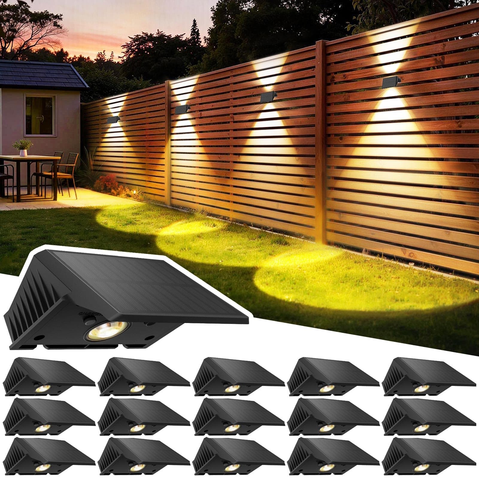 Delaiglow Lampada Solare da Esterno Up & Down Set da 16 Luci Solari da Esterno Bianco Caldo 3000K Faretti Solari a LED da Esterno 1000 mAh Applique Impermeabile IP67 Per Parete Giardino Terrazzo