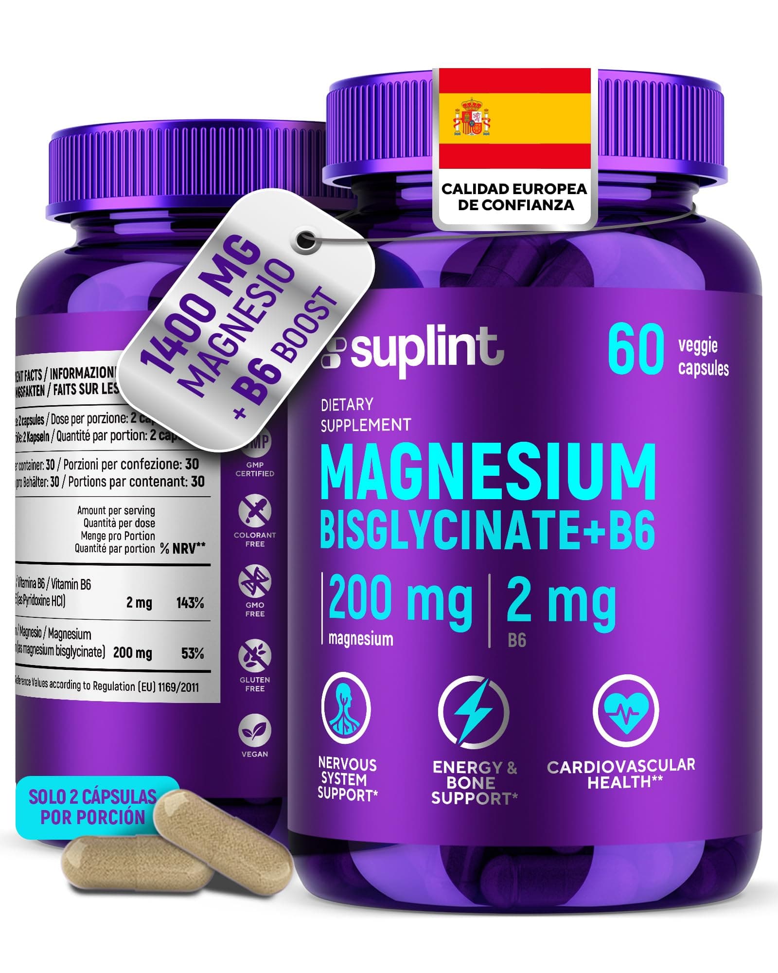 Bisglicinato de Magnesio Cápsulas 200 mg con Vitamina B6 para una Óptima Absorción – Alta Dosis y Probado en Laboratorio – Magnesio Bisglicinato – Vegano sin Aditivos – 60 Cápsulas