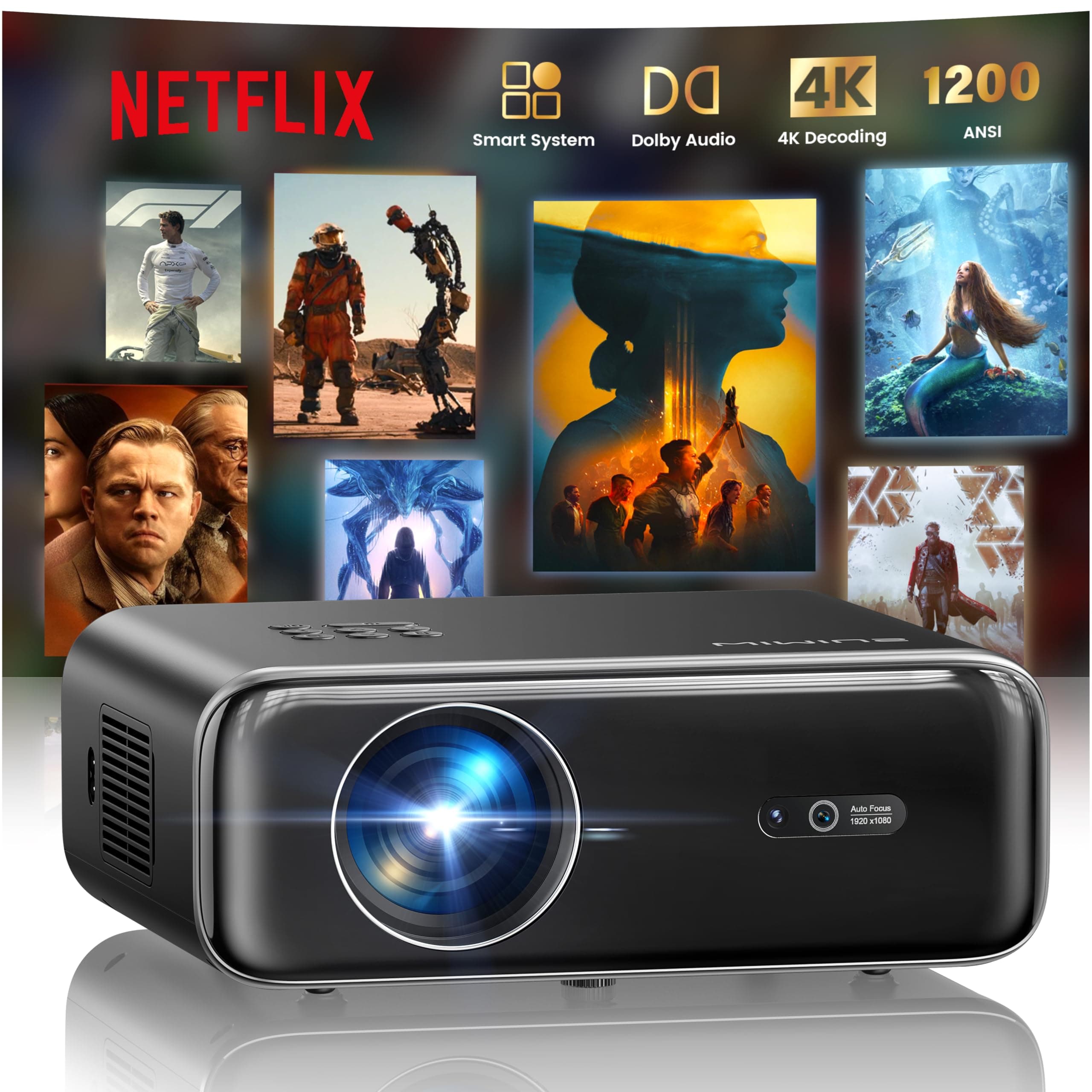 Proyector 4K【1200 ANSI/Netflix Incluido/Dolby】 Smart Proyector 4K Portátil Auto Focus/Keystone WiFi Bluetooth FHD 1080P, HDR10, Proyectors WiFi6 Exterior Zoom 50% para Cine en Casa/PPT Doble HDMI/USB