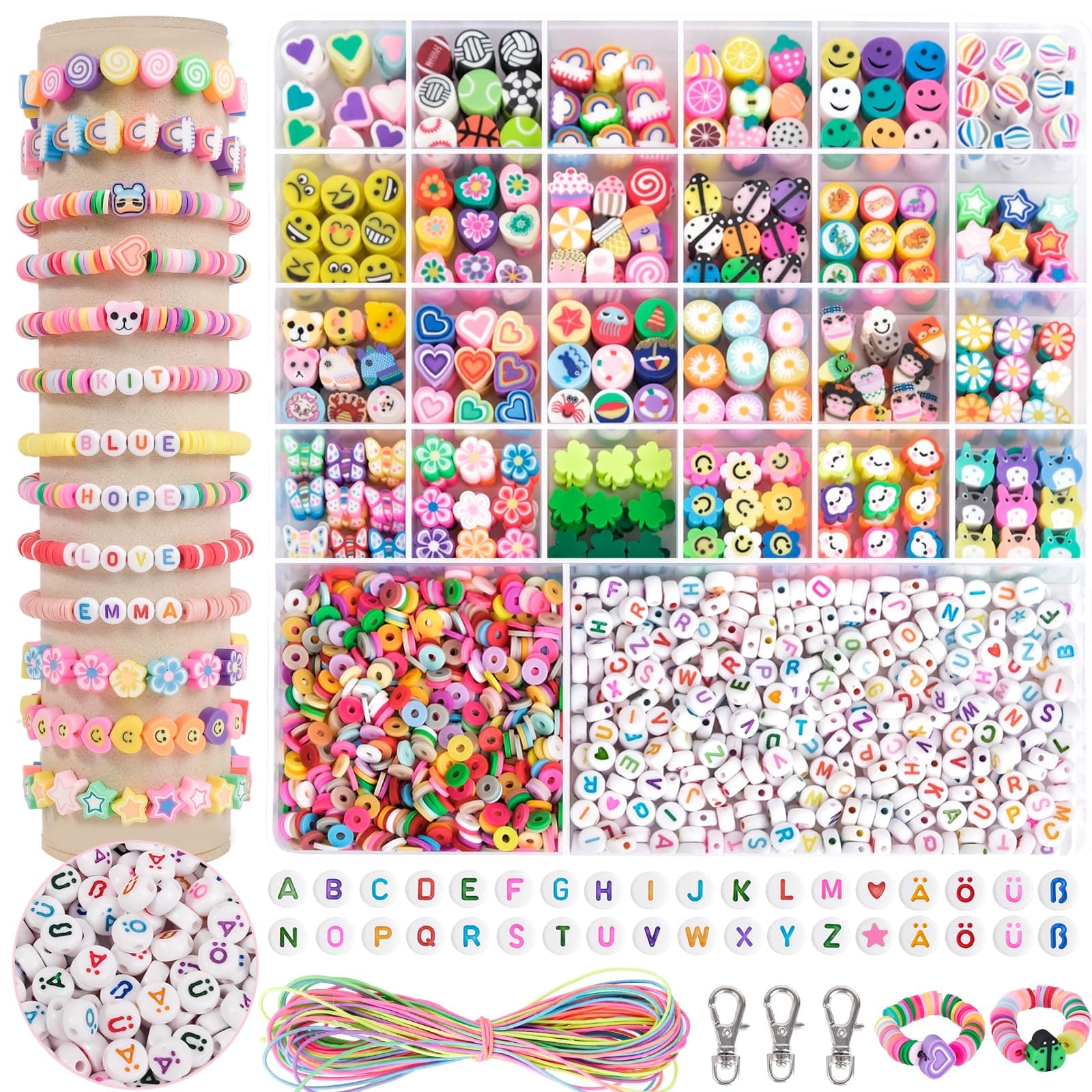 RUBY Lot de 1800 perles à enfiler pour enfants - Perles pour bracelets - Bricolage - Argile polymère - Colliers - Artisanat - Cadeaux d'anniversaire - Jouets pour 5, 6, 12, 13 ans