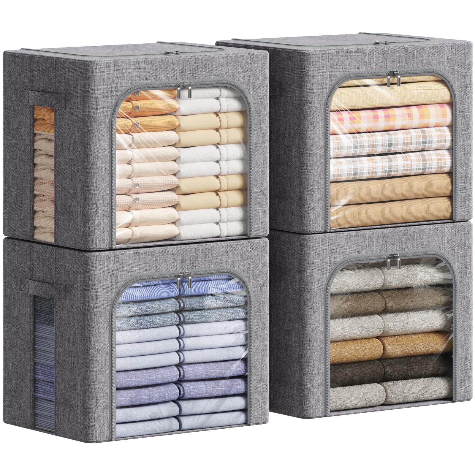 Lifewit 4 pezzi Scatole per Armadio Rigide con Cerniera, Organizzatore Armadio con Struttura in Metallo Pieghevole, Contenitori per Armadio Impilabili per Vestiti, Trapunte, Piumone, Grigio, 40L