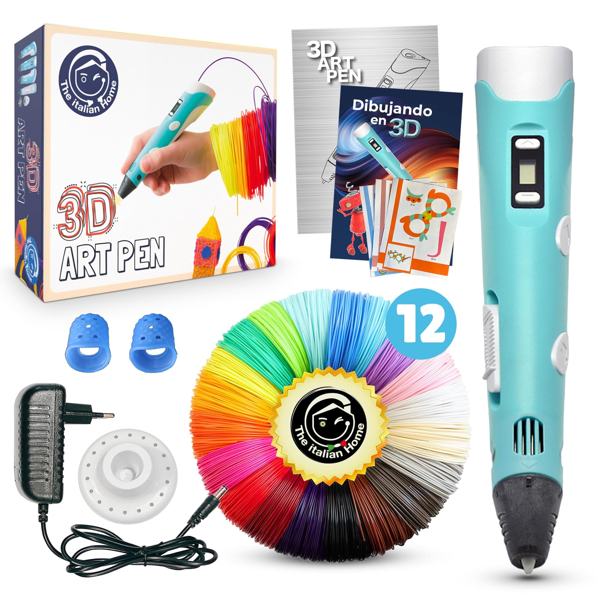 The Italian Home® Boligrafo 3D niños + Instrucciones en español y guía ilustrada de Regalo + Filamentos PLA 12 Colores (2 Fluorescentes) - boli 3D, Lapiz 3D, boligrafo 3D para niños