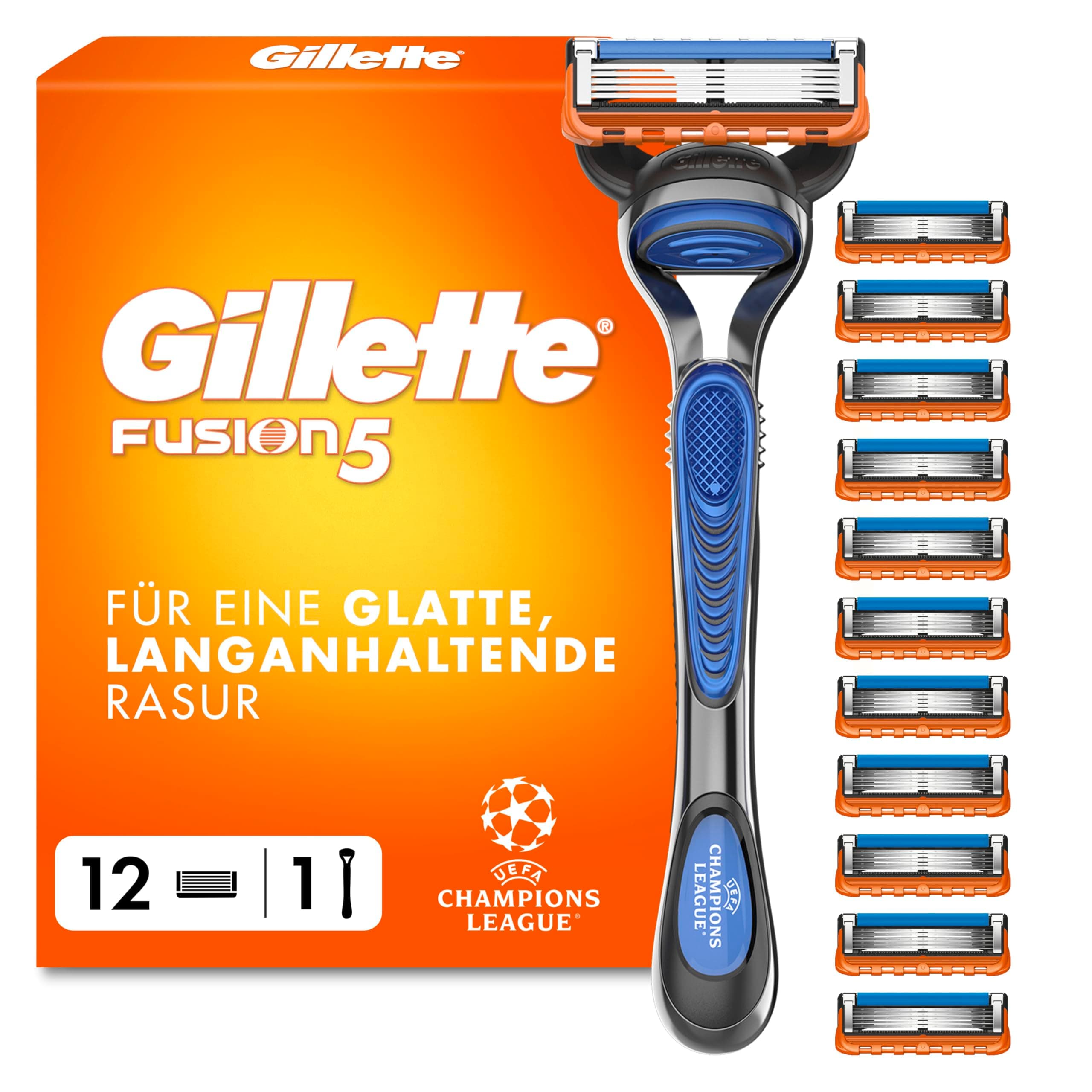 Gillette Fusion5 Rasierer Herren, UEFA Champions League Special Edition — Inkl. 1 Nassrasierer, 12 Ersatzklingen mit Gleitstreifen und 5 Klingen für Eine Gründliche, Langanhaltende Rasur — Blau