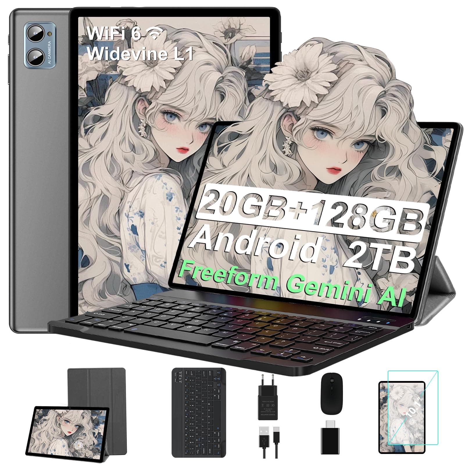 SUAAT Tablette 2026 10 Pouces avec Widevine L1, Android, 20 Go de RAM + 128 Go de ROM (TF 2 to), Octa-Core 2 GHz, WiFi 6, Gemini AI, Bluetooth 5.0, 8MP + 5MP, avec Clavier et Souris, Gris