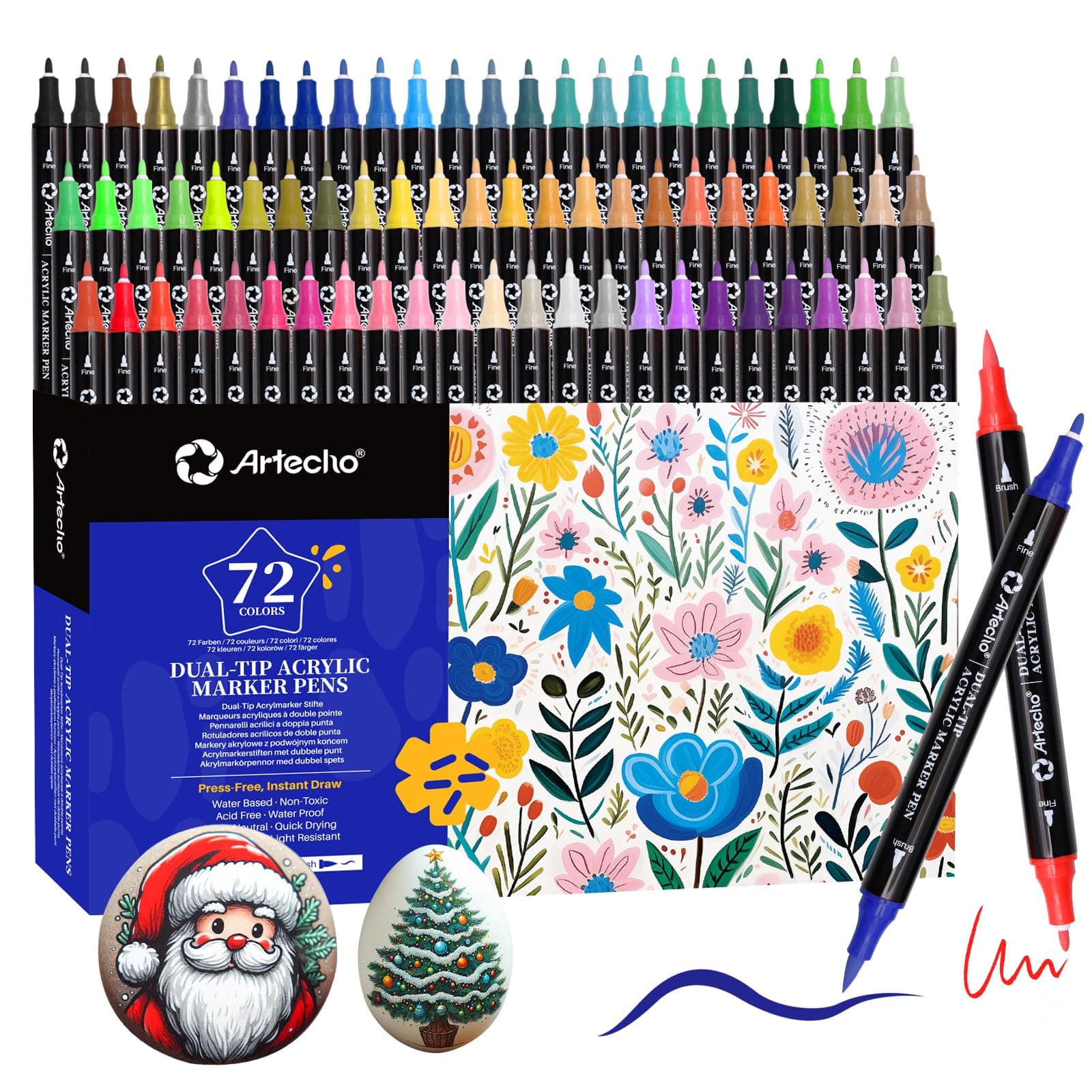 Artecho Lápices acrílicos de 72 colores, 0,5 – 5 mm, resistente al agua, doble punta (pincel y punta fina), con extremos dobles para pintura de roca, papel, madera, huevo, lienzo