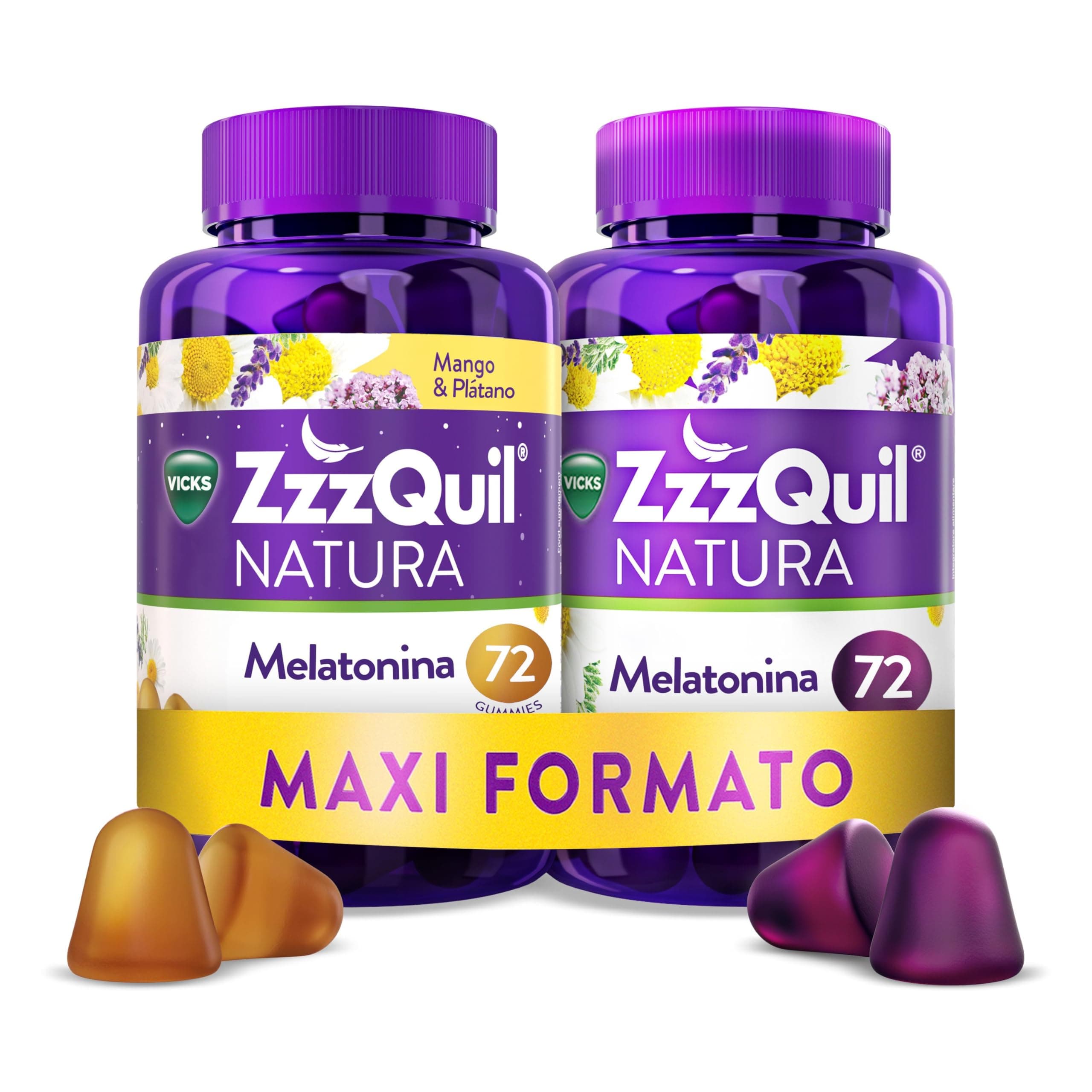 ZzzQuil Natura Gummies de Melatonina 1mg con Valeriana, Complemento Alimenticio para dormir sabor Frutos del Bosque y Mango y Plátano, 2x72 Gummies