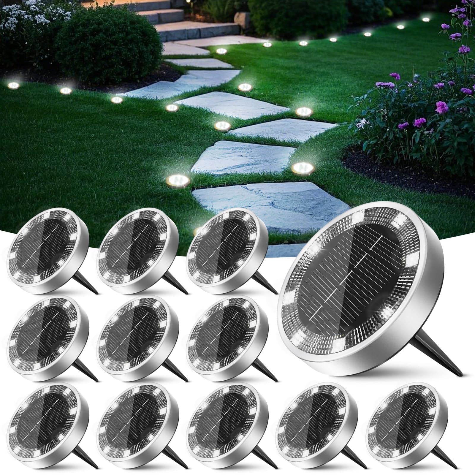 Peasur 12 Paquetes Luces Solares LED Exterior Jardin Suelo,8 LED Luz Solar Exterior Jardin, IP65 Impermeable Luces Solares para Patio, Camino, Césped, Blanco Frío