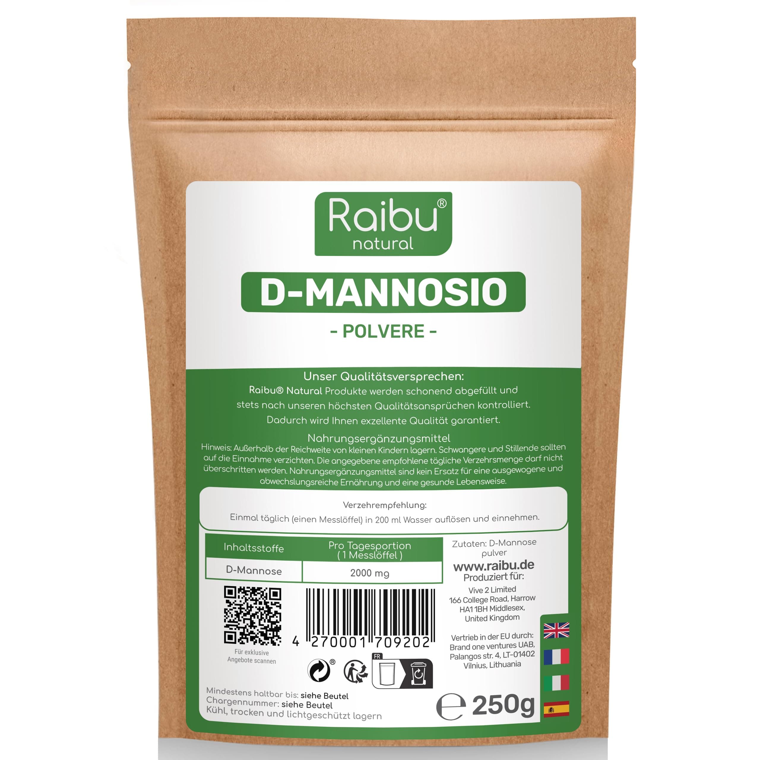 D-Mannosio puro in Polvere 250g – Raibu D Mannosio Polvere Confezionato e Testato in Europa I Naturale e Vegan I Cucchiaio Dosatore Incluso