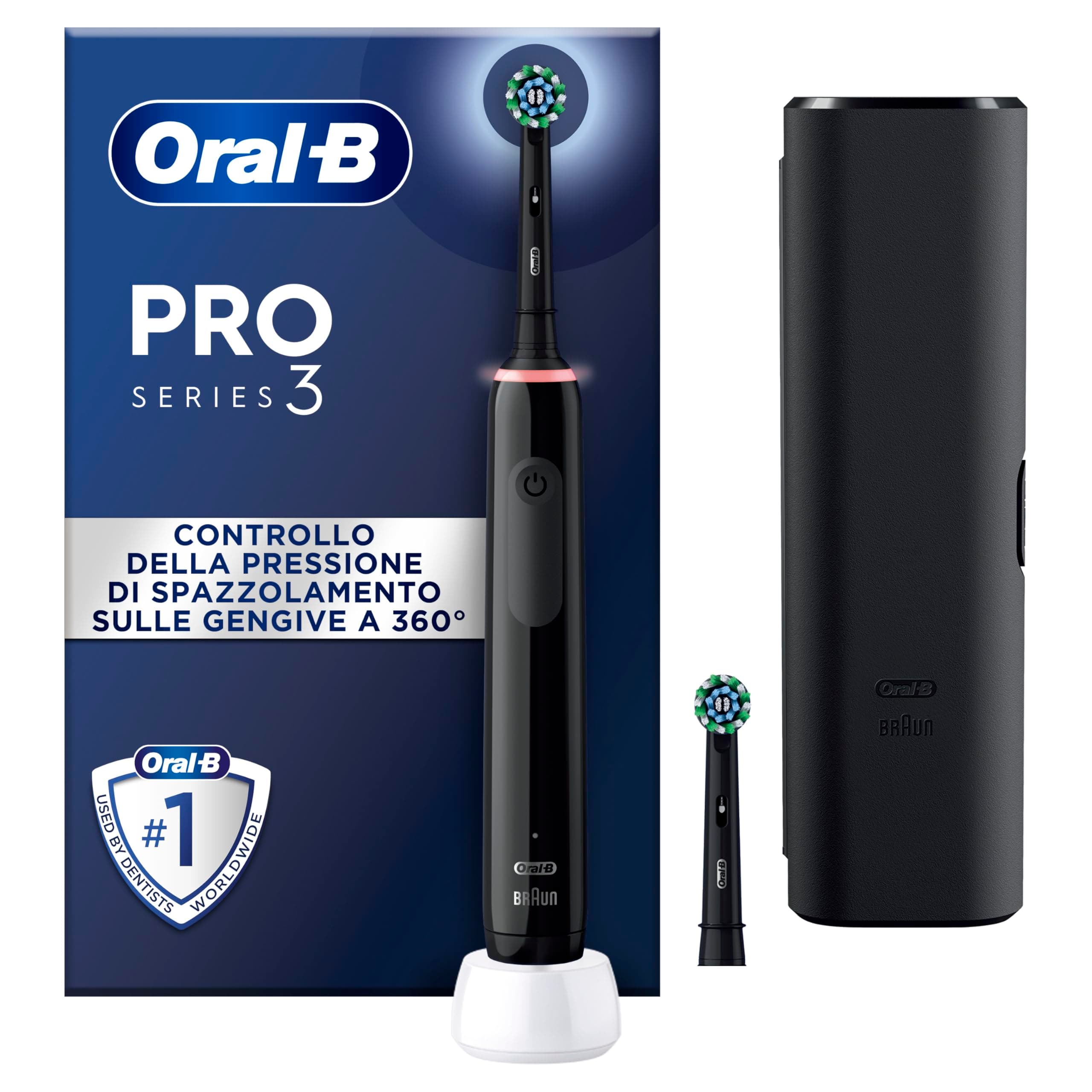 Oral-B Pro Series 3 Spazzolino Elettrico, 2 Testina di Ricambio, Nero - 2 Testine di Ricambio per Spazzolino Elettrico, Custodia da Viaggio, Gengive Protette, Pulizia Denti Efficace