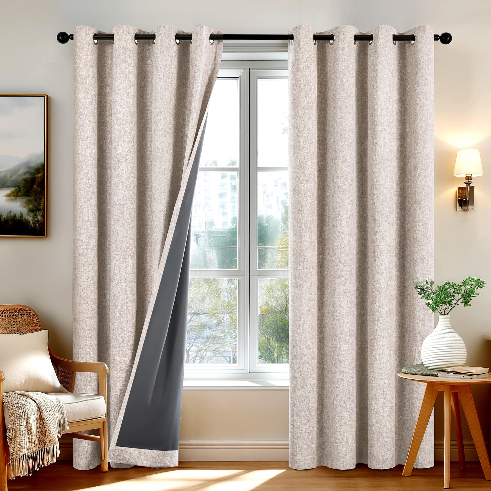 Deconovo Rideaux occultants 100% Aspect Lin, 2 Panneaux 140x260 cm, œillets, Isolation Thermique phonique, Rideau obscurcissant pour Salon Chambre, Lin