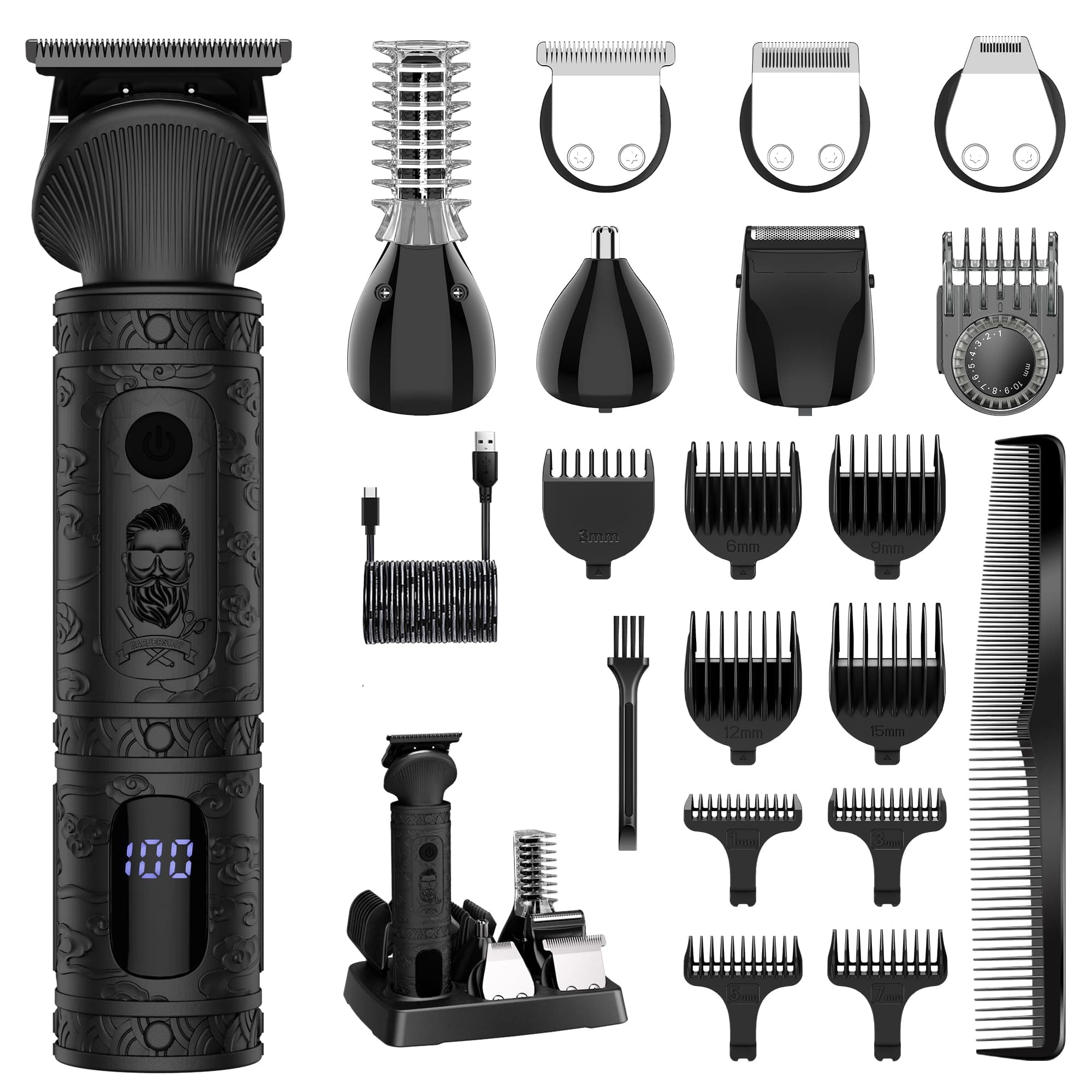 Surker Tondeuse Barbe Homme Tondeuse Cheveux Professionnelle Avec Lame en T de Coupe de Cheveux Chauve 0 mm Rasoir électrique Tondeuse Corps de Précision pour Nez 7 en 1，Noir