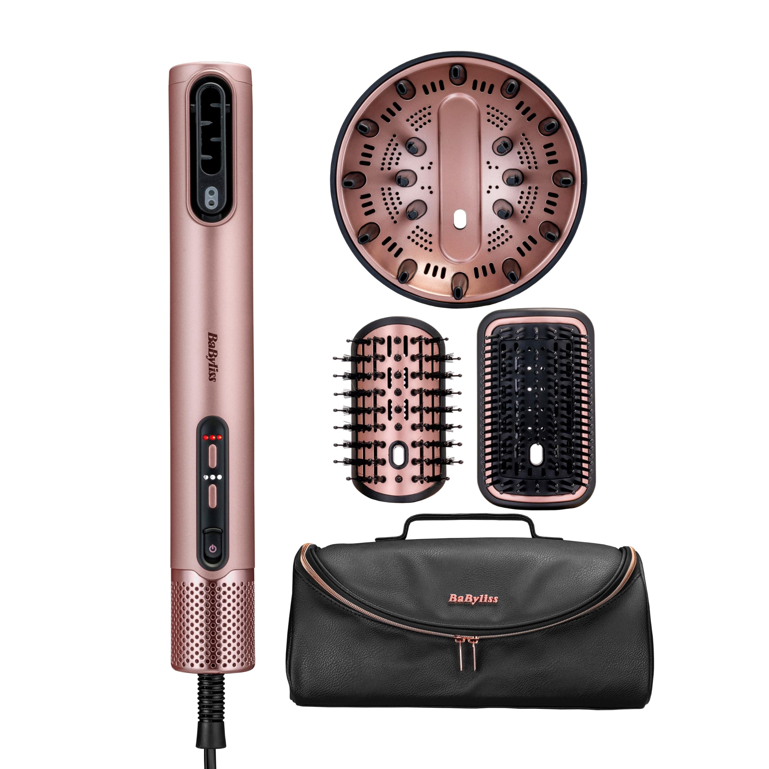 BaByliss Air Wand, Secador y moldeador 4 en 1, Difusor, Cepillo alisador y voluminizador, Neceser, Seca y peina a la vez, Tecnología iónica antiencrespamiento, Sin daño por calor, Rosa, AS6556E