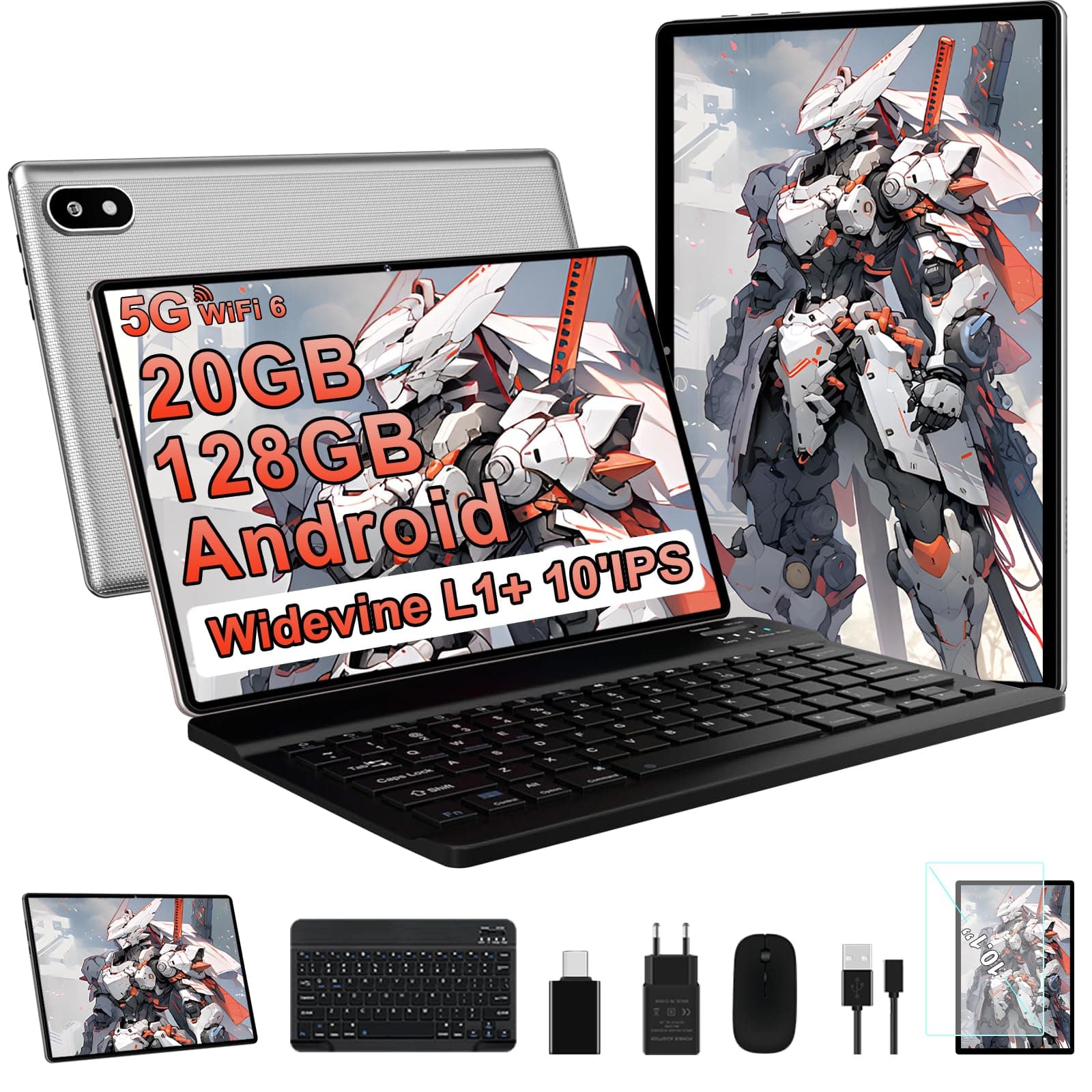 Tablette Android avec Gemini AI Tablette10 Pouces, 128Go ROM(2 To TF Extensible), Octa-Core, Widevine L1, GMS Certification, 5GWiFi, 5+8MP, Bluetooth 5.0, Tablette avec Clavier +Souris et Cast,Silver