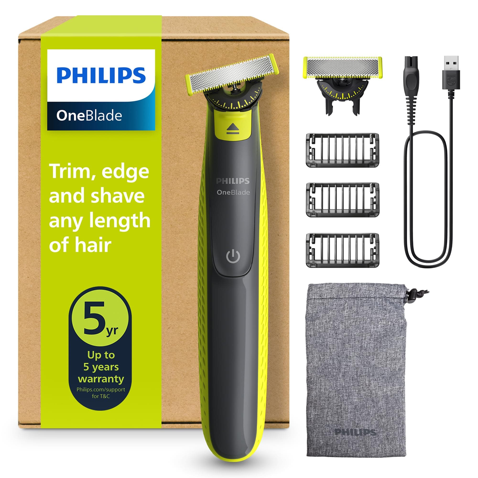 Philips OneBlade 360 Autentico Regolabarba e rasoio elettrico, 2x 360 lame, 3x pettine per barba (1, 3, 5 mm), QP2724/31