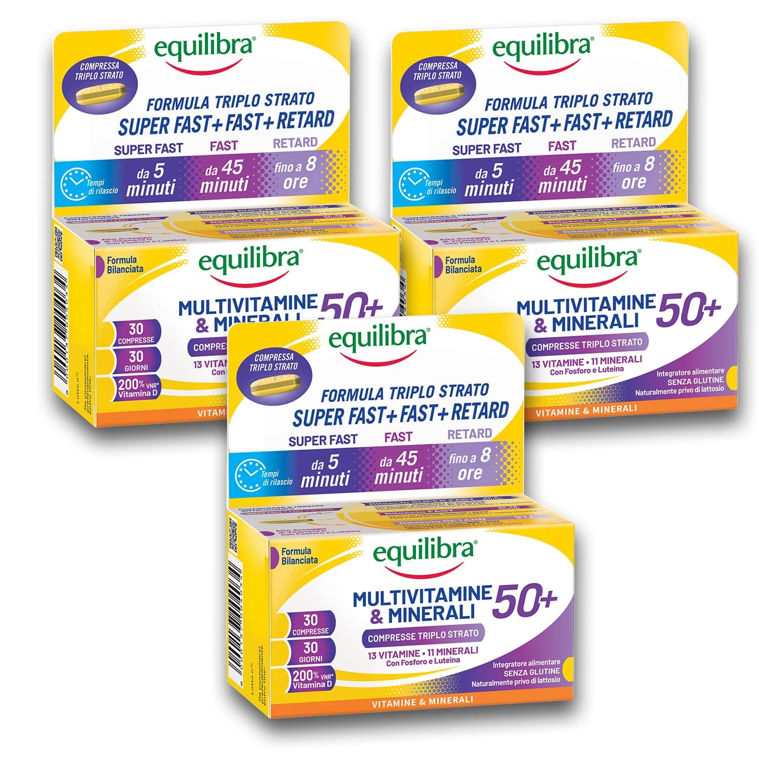 Equilibra Integratori Alimentari, Multivitamine & Minerali 50+, Integratore Formula Potenziata, per Energia, Sostegno, Funzioni Cognitive, 3 Pezzi da 30 Compresse Triplo Strato a Rilascio Graduale