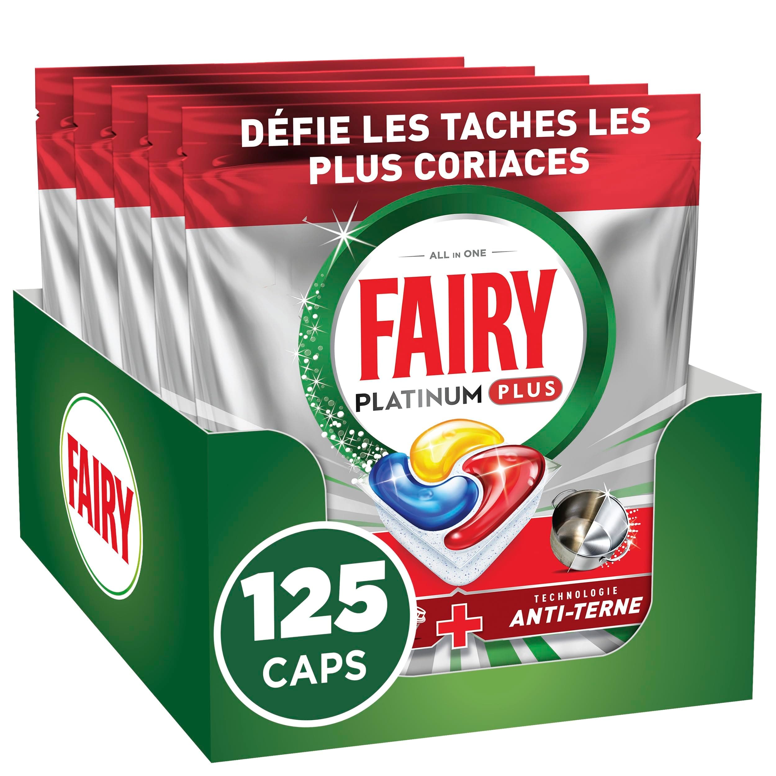 Fairy Platinum Plus Tablettes Lave-Vaisselle, 125 Tablettes (25x5), Parfum Citron, Technologie Anti-Terne, Redonne l'Éclat, Prévient le Calcaire, Système Pré-Lavage Intégré, Efficace en Cycle Court